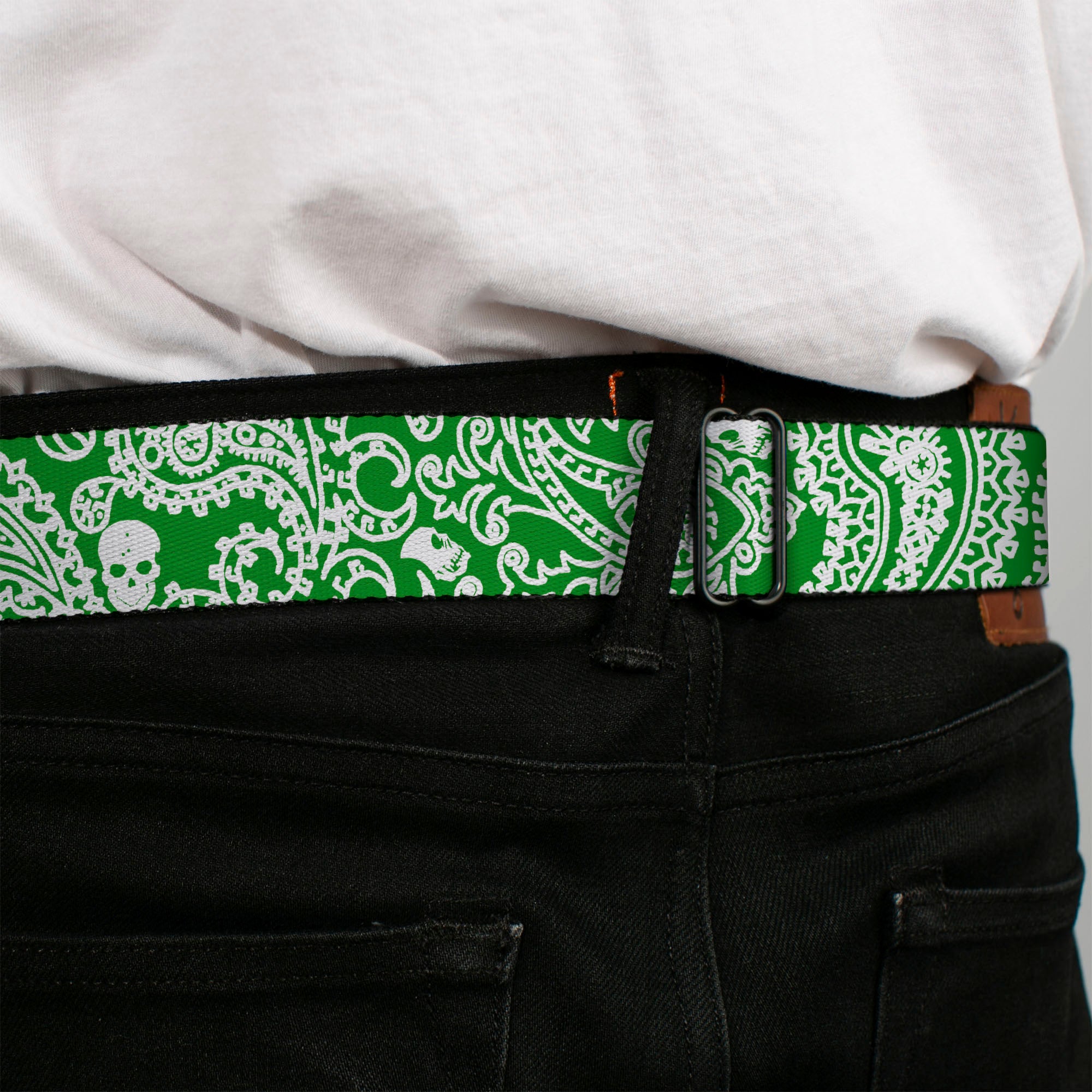 BD Wings Logo CLOSE-UP Full Color Black Silver Seatbelt Belt - Bandana/Skulls Irish Green/White Webbing Seatbelt Belts Buckle-Down