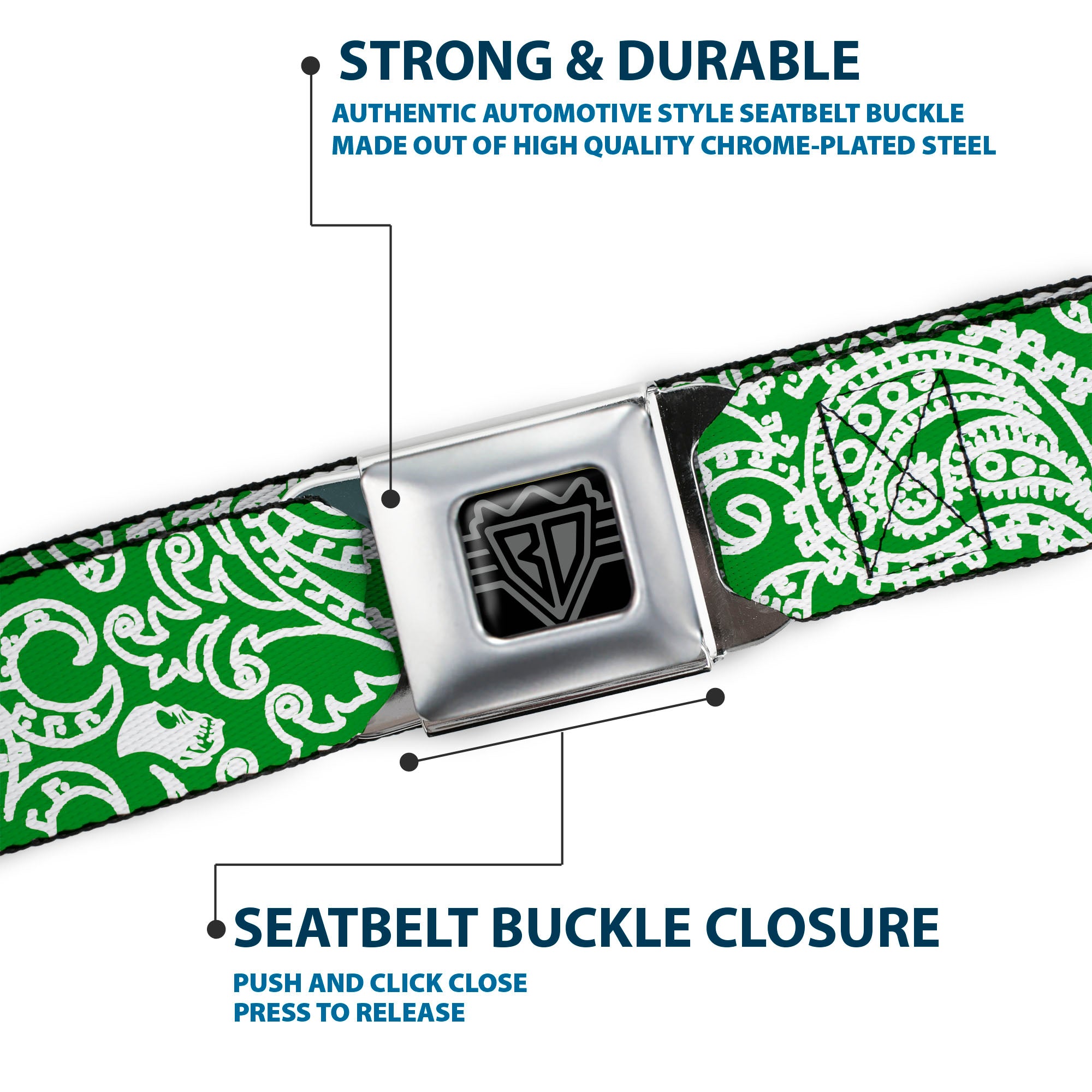BD Wings Logo CLOSE-UP Full Color Black Silver Seatbelt Belt - Bandana/Skulls Irish Green/White Webbing Seatbelt Belts Buckle-Down