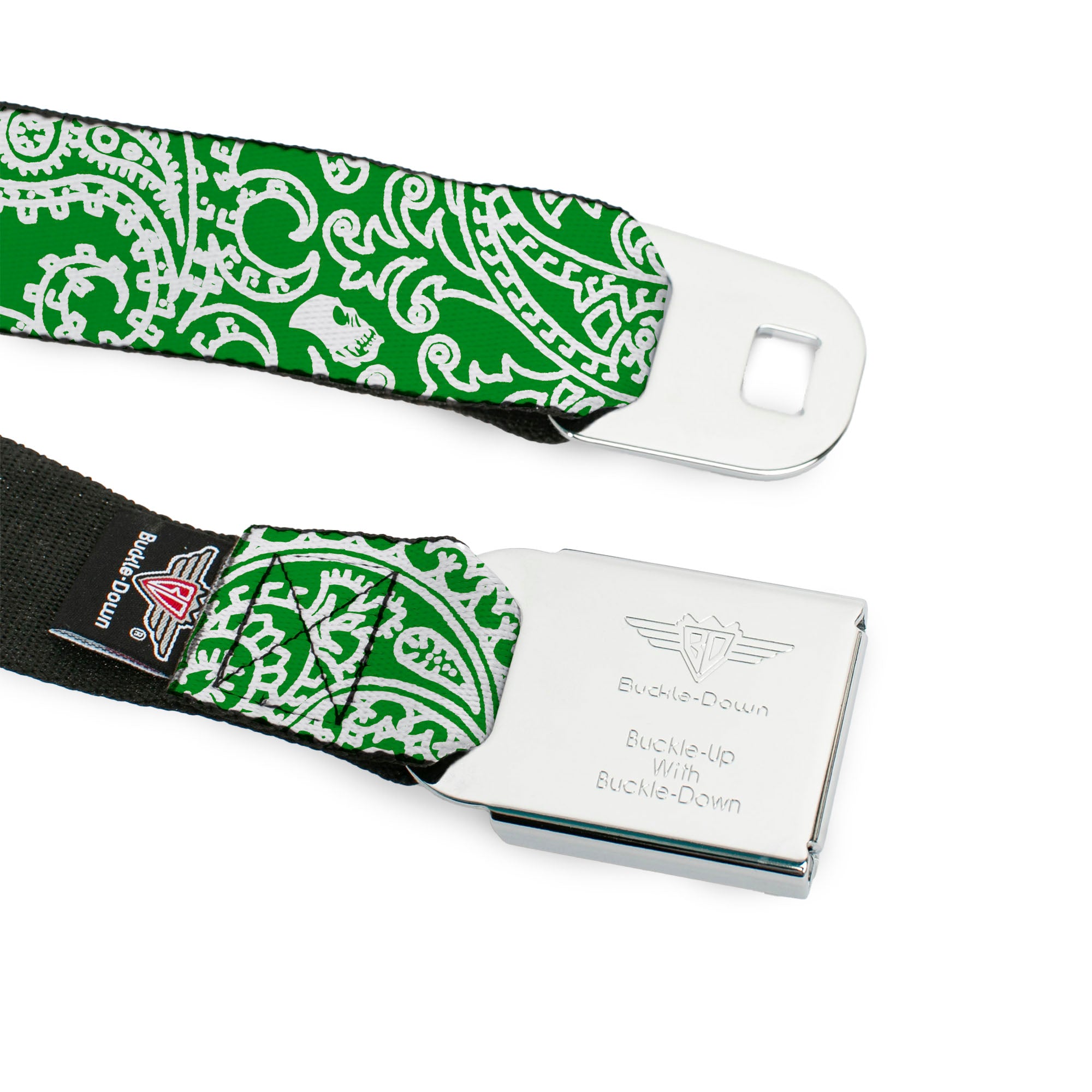 BD Wings Logo CLOSE-UP Full Color Black Silver Seatbelt Belt - Bandana/Skulls Irish Green/White Webbing Seatbelt Belts Buckle-Down