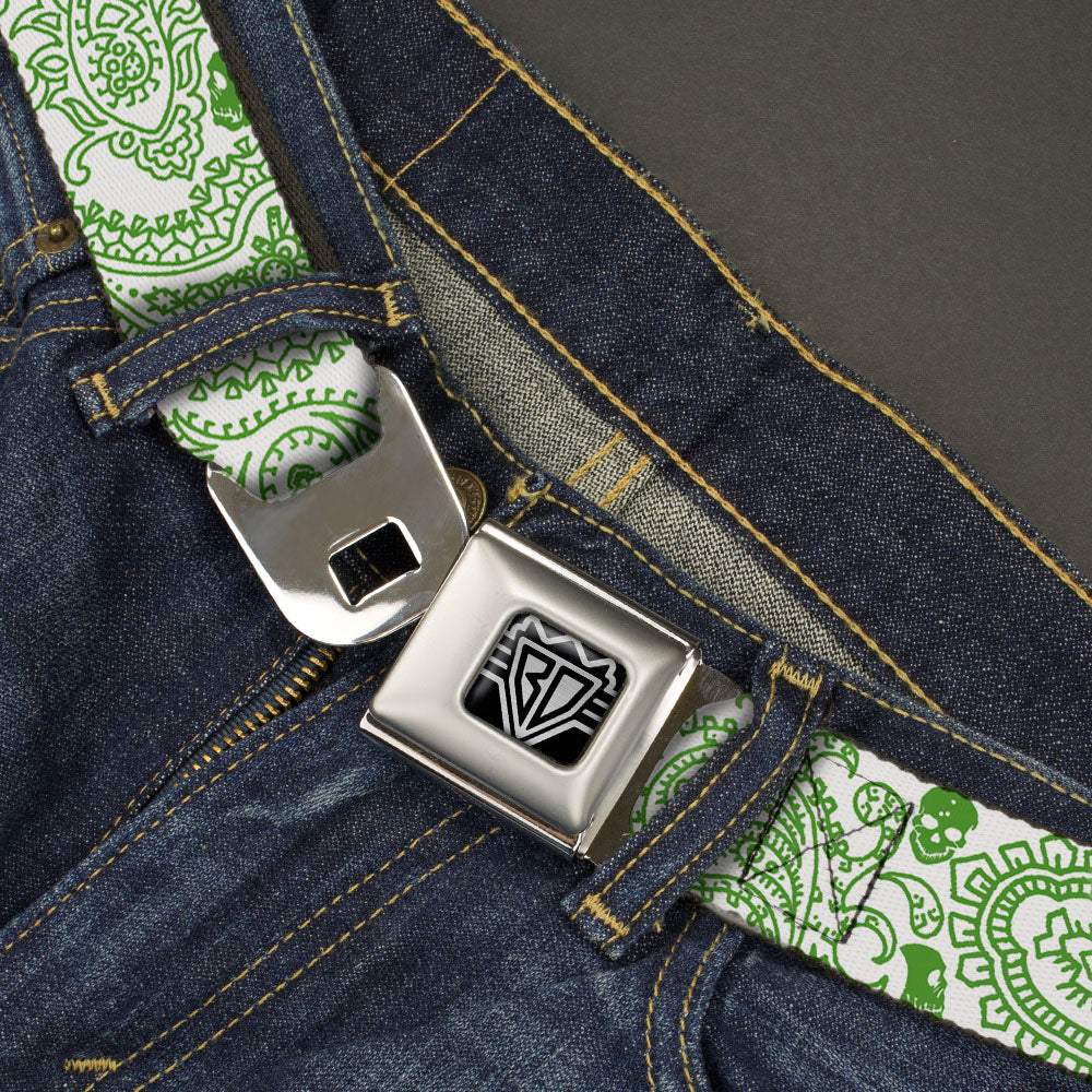 BD Wings Logo CLOSE-UP Full Color Black Silver Seatbelt Belt - Bandana/Skulls White/Irish Green Webbing Seatbelt Belts Buckle-Down