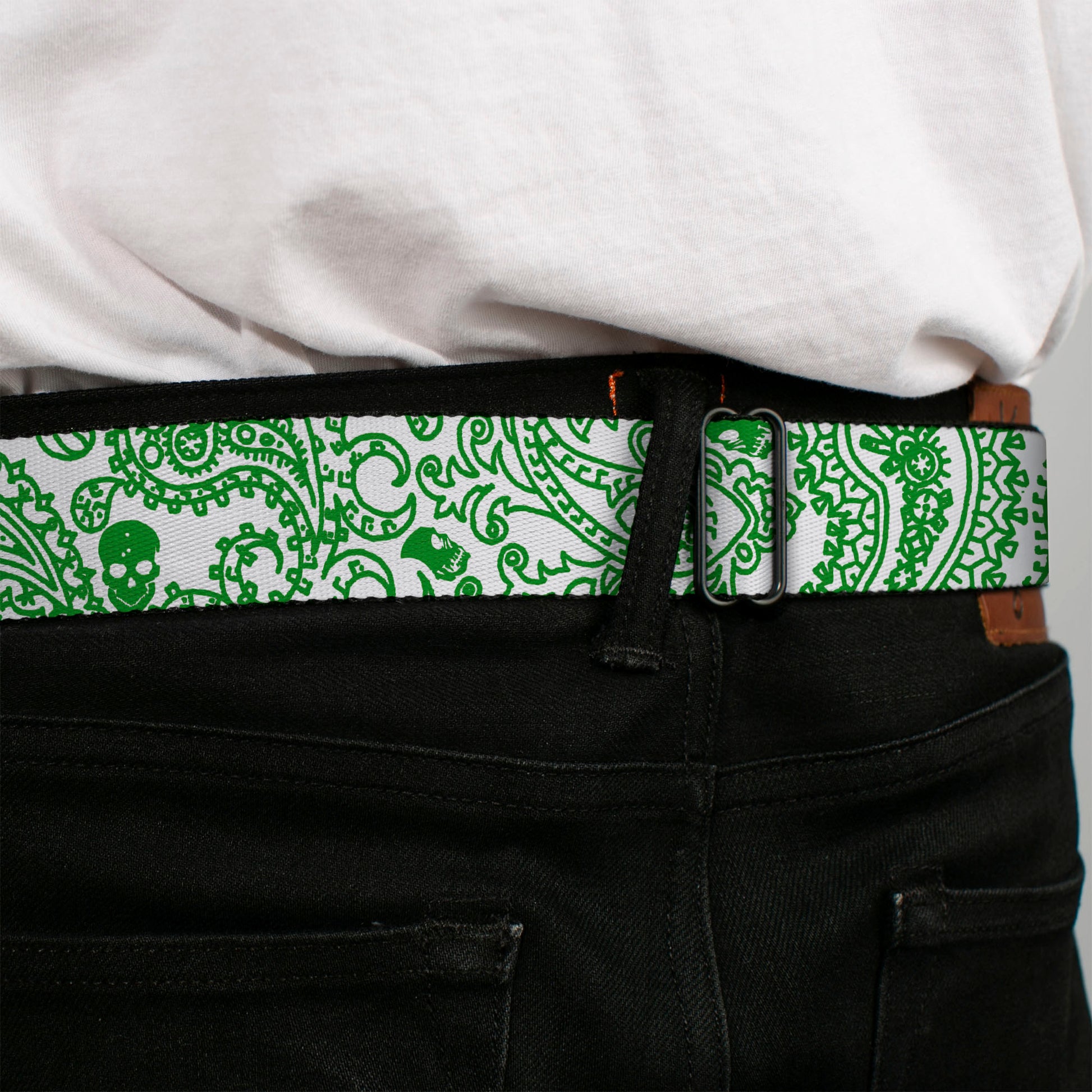 BD Wings Logo CLOSE-UP Full Color Black Silver Seatbelt Belt - Bandana/Skulls White/Irish Green Webbing Seatbelt Belts Buckle-Down
