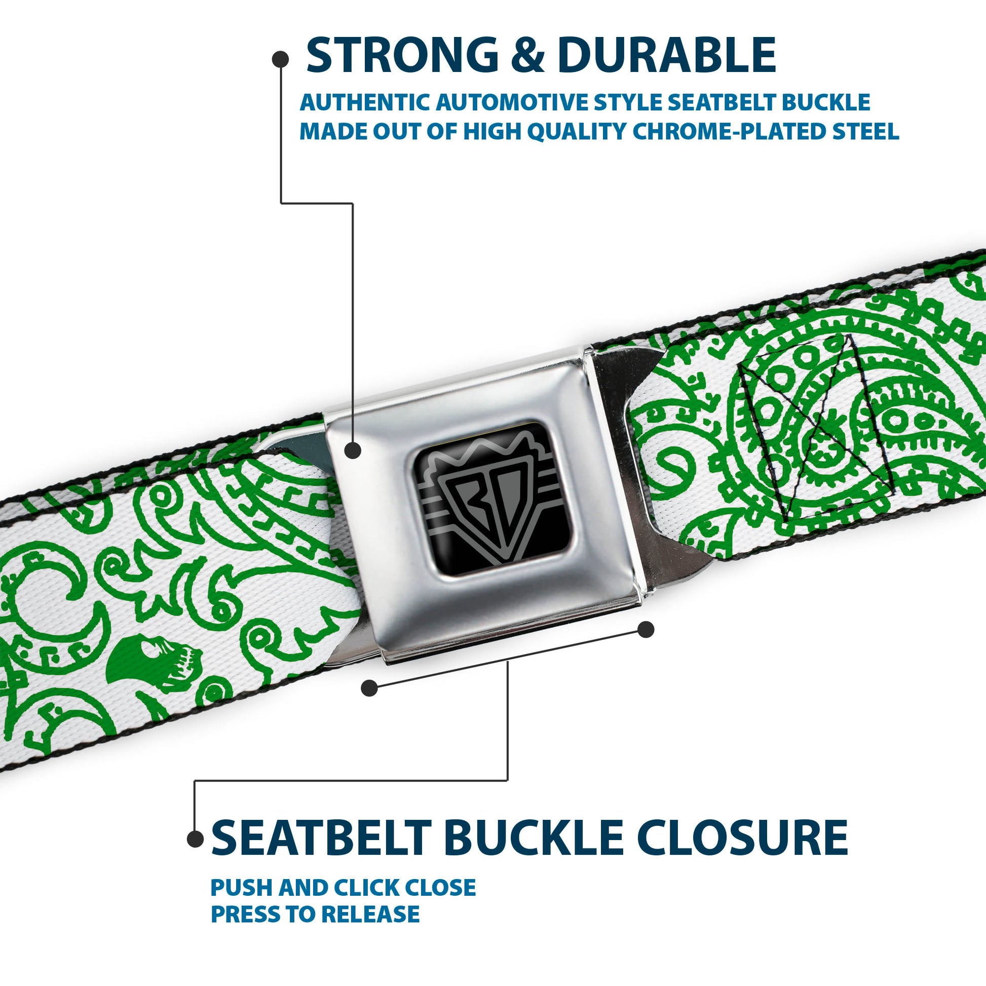 BD Wings Logo CLOSE-UP Full Color Black Silver Seatbelt Belt - Bandana/Skulls White/Irish Green Webbing Seatbelt Belts Buckle-Down
