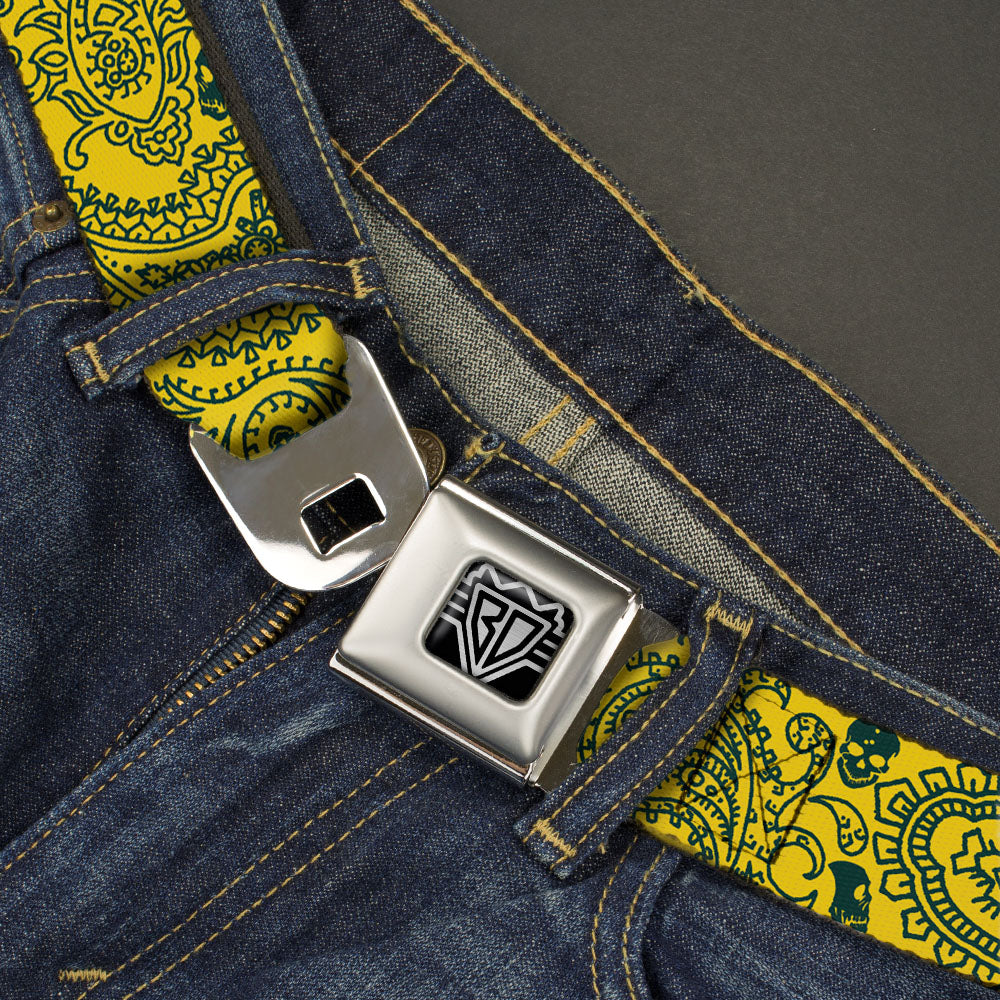 BD Wings Logo CLOSE-UP Full Color Black Silver Seatbelt Belt - Bandana/Skulls Gold/Green Webbing Seatbelt Belts Buckle-Down