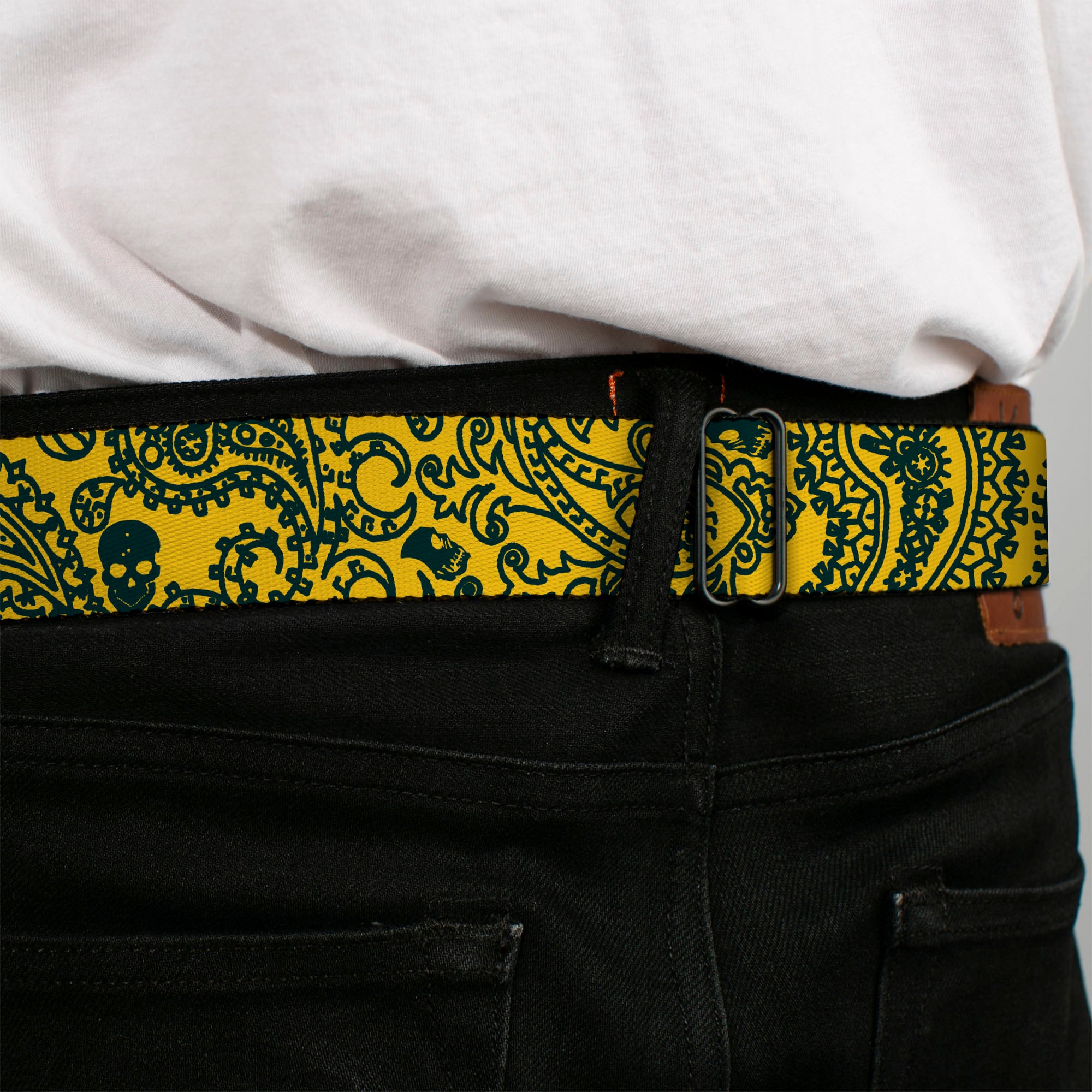 BD Wings Logo CLOSE-UP Full Color Black Silver Seatbelt Belt - Bandana/Skulls Gold/Green Webbing Seatbelt Belts Buckle-Down