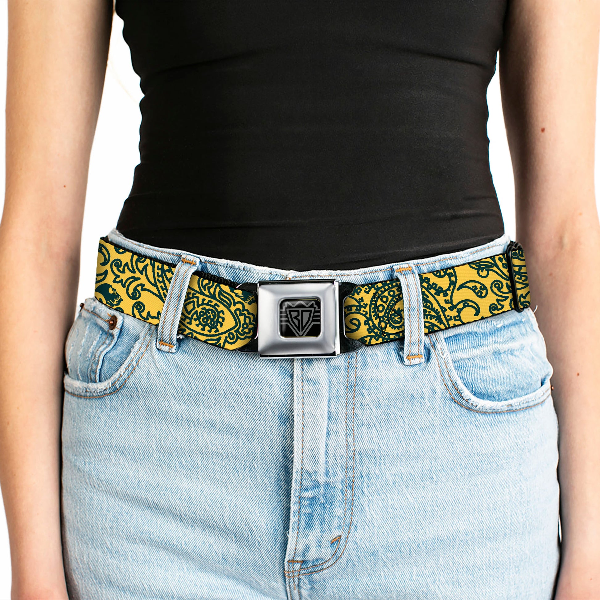 BD Wings Logo CLOSE-UP Full Color Black Silver Seatbelt Belt - Bandana/Skulls Gold/Green Webbing Seatbelt Belts Buckle-Down
