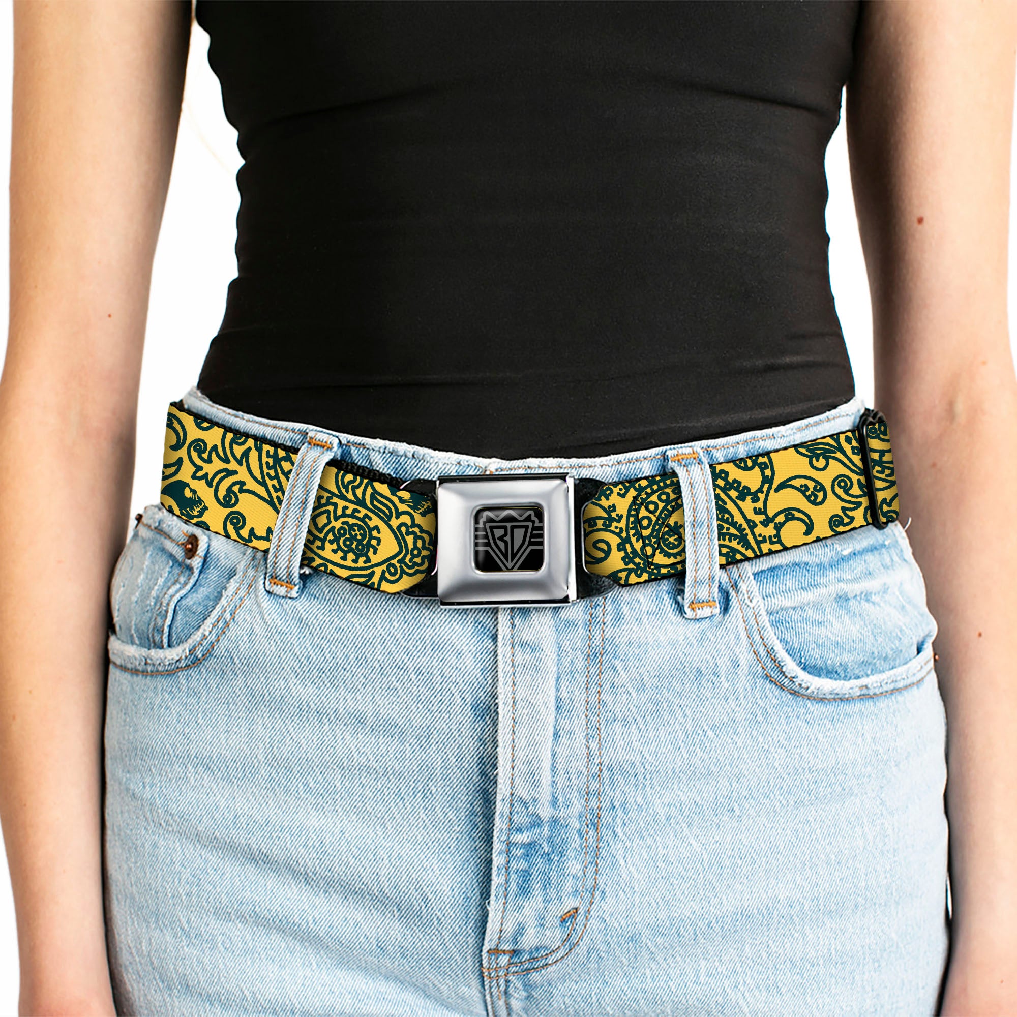 BD Wings Logo CLOSE-UP Full Color Black Silver Seatbelt Belt - Bandana/Skulls Gold/Green Webbing Seatbelt Belts Buckle-Down