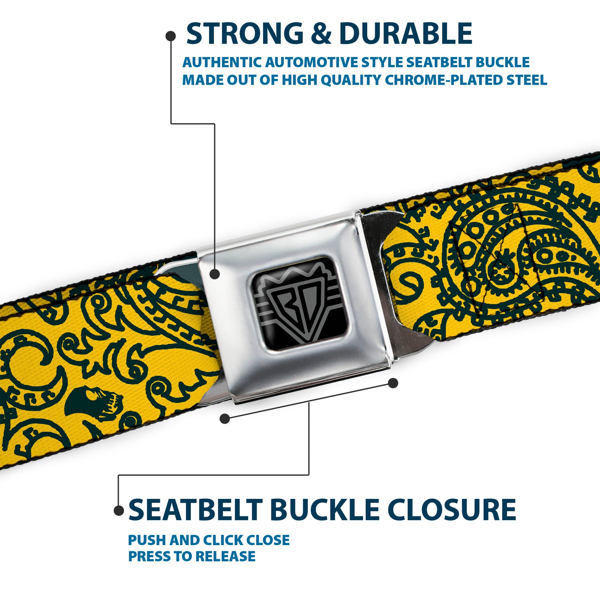 BD Wings Logo CLOSE-UP Full Color Black Silver Seatbelt Belt - Bandana/Skulls Gold/Green Webbing Seatbelt Belts Buckle-Down