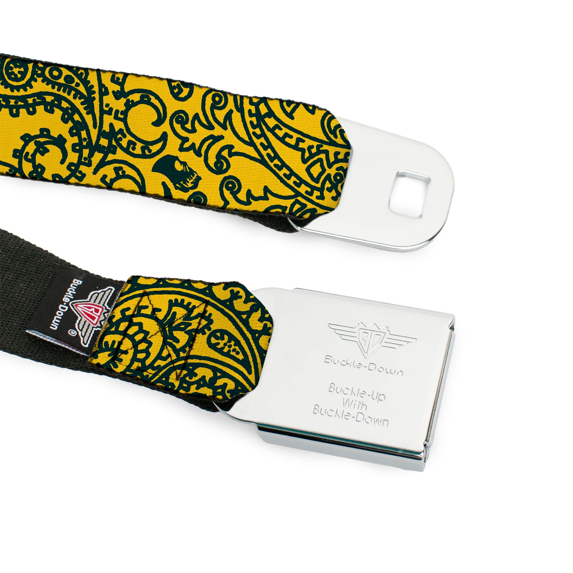 BD Wings Logo CLOSE-UP Full Color Black Silver Seatbelt Belt - Bandana/Skulls Gold/Green Webbing Seatbelt Belts Buckle-Down