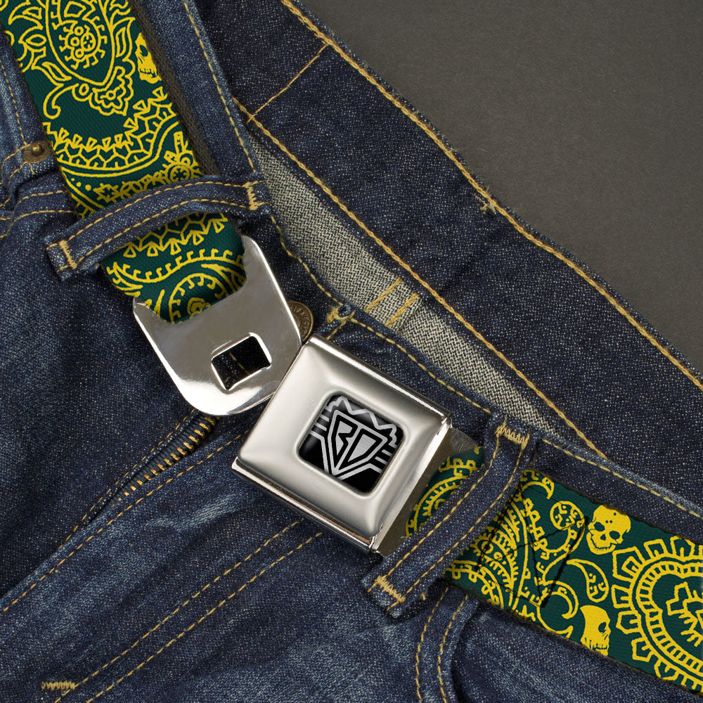 BD Wings Logo CLOSE-UP Full Color Black Silver Seatbelt Belt - Bandana/Skulls Green/Gold Webbing Seatbelt Belts Buckle-Down
