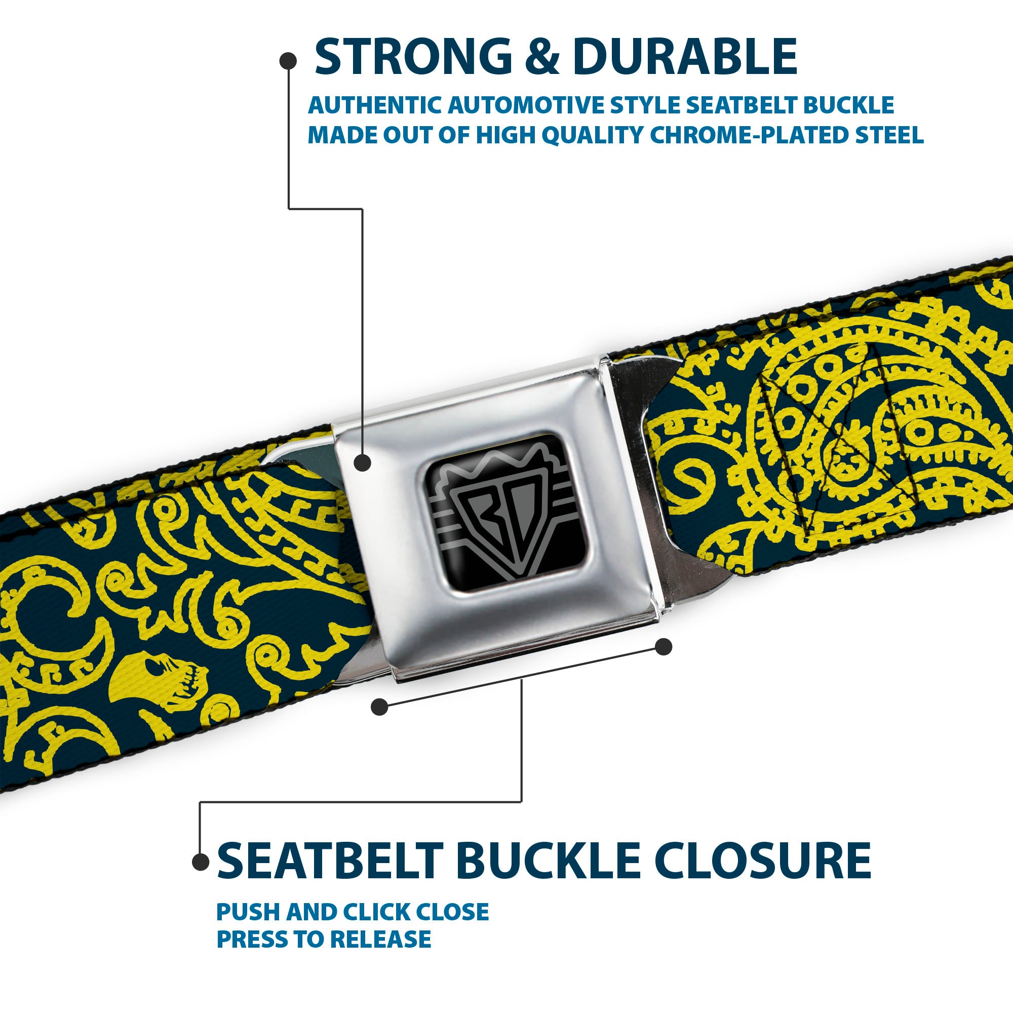 BD Wings Logo CLOSE-UP Full Color Black Silver Seatbelt Belt - Bandana/Skulls Green/Gold Webbing Seatbelt Belts Buckle-Down