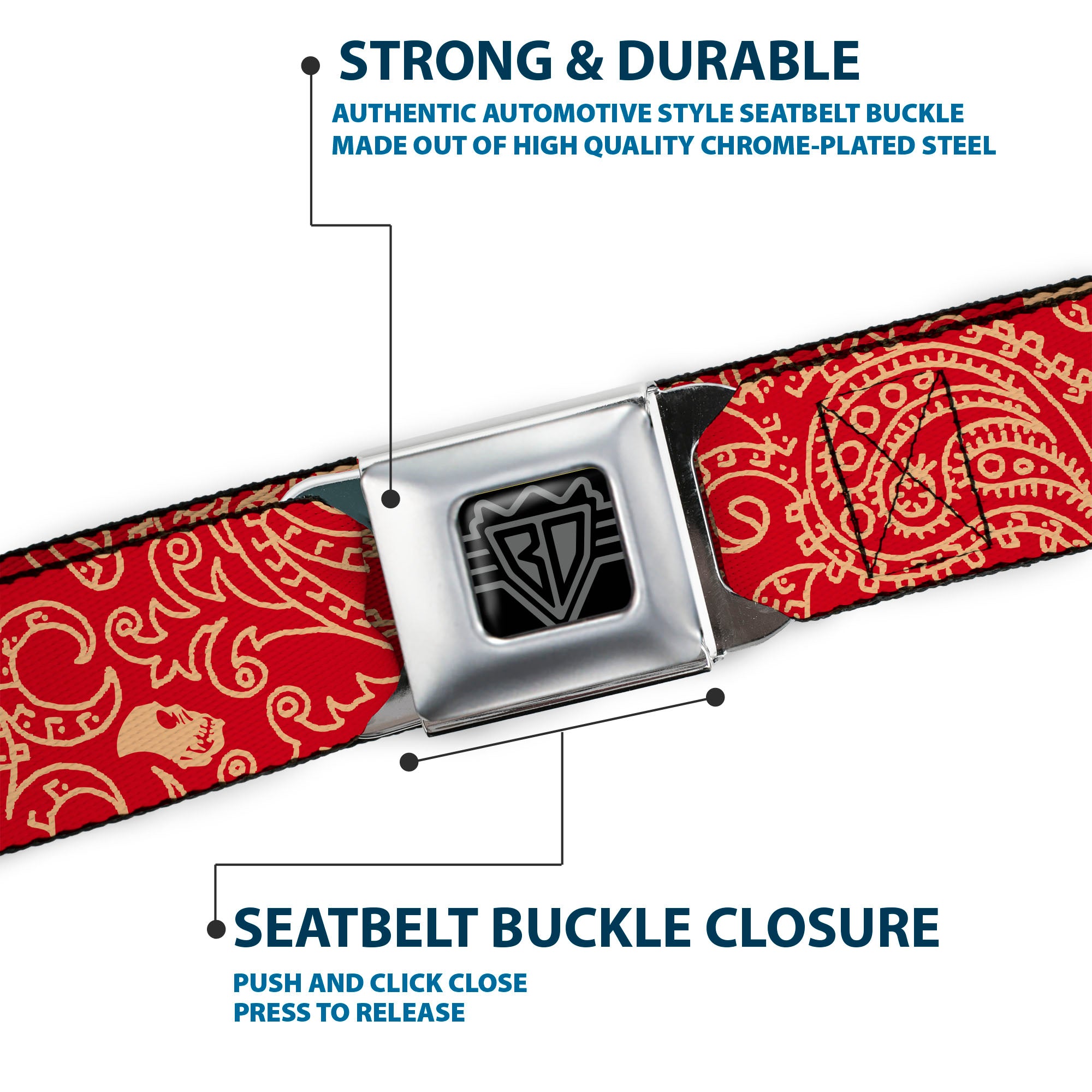 BD Wings Logo CLOSE-UP Full Color Black Silver Seatbelt Belt - Bandana/Skulls Scarlet Red/Gold Webbing Seatbelt Belts Buckle-Down