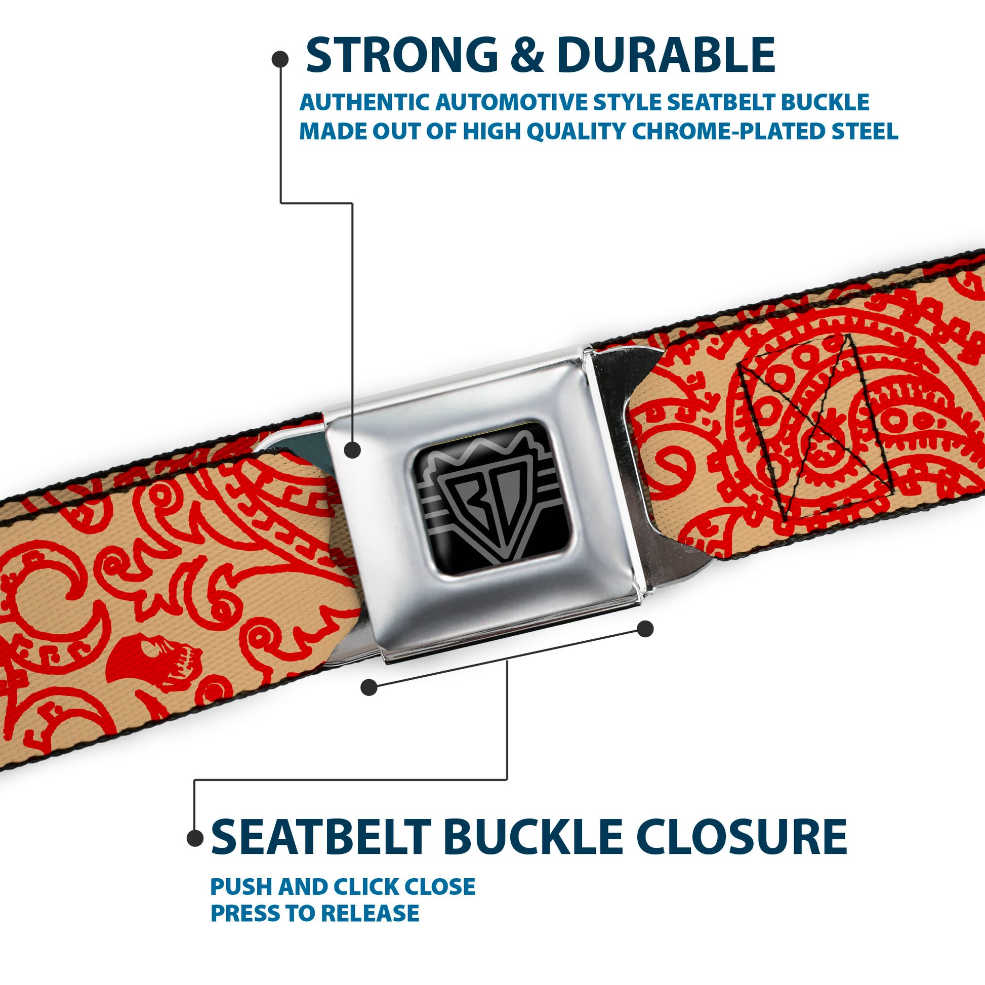 BD Wings Logo CLOSE-UP Full Color Black Silver Seatbelt Belt - Bandana/Skulls Gold/Scarlet Red Webbing Seatbelt Belts Buckle-Down