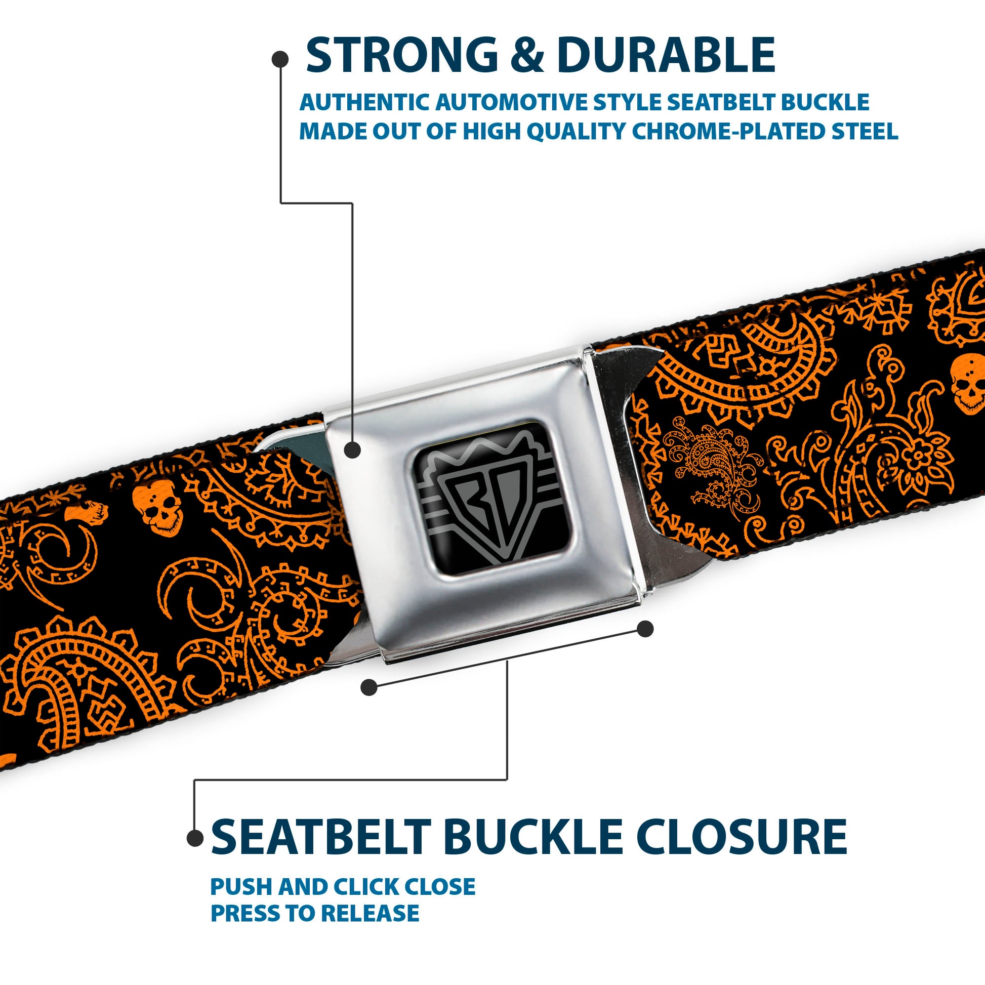 BD Wings Logo CLOSE-UP Full Color Black Silver Seatbelt Belt - Bandana/Skulls Black/Orange Webbing Seatbelt Belts Buckle-Down
