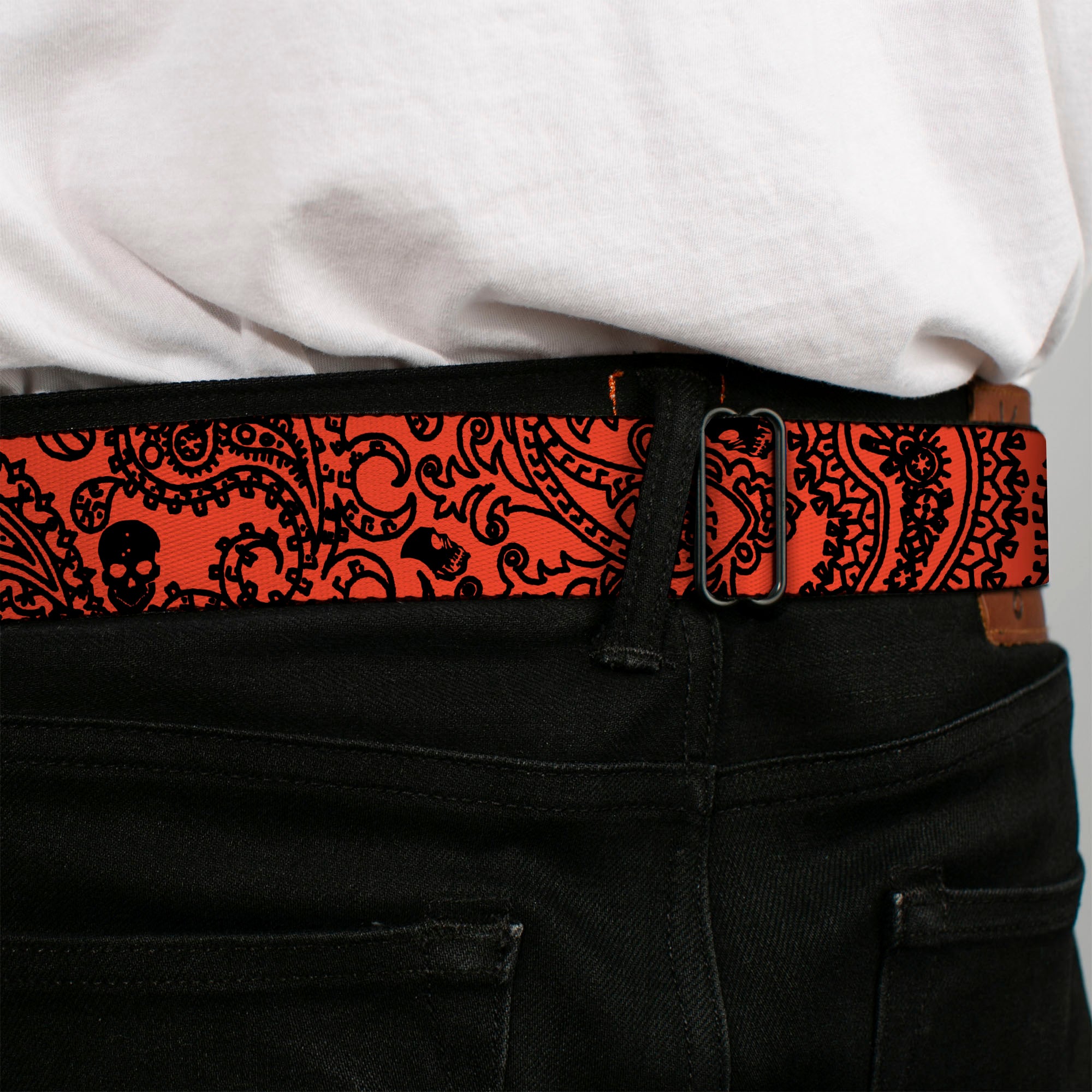 BD Wings Logo CLOSE-UP Full Color Black Silver Seatbelt Belt - Bandana/Skulls Orange/Black Webbing Seatbelt Belts Buckle-Down