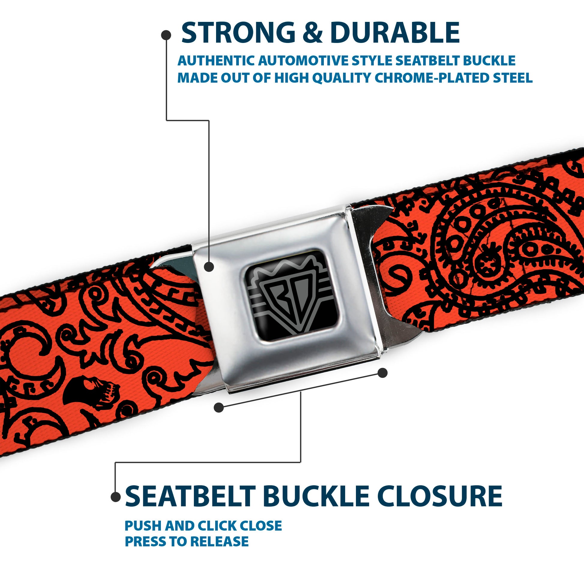 BD Wings Logo CLOSE-UP Full Color Black Silver Seatbelt Belt - Bandana/Skulls Orange/Black Webbing Seatbelt Belts Buckle-Down