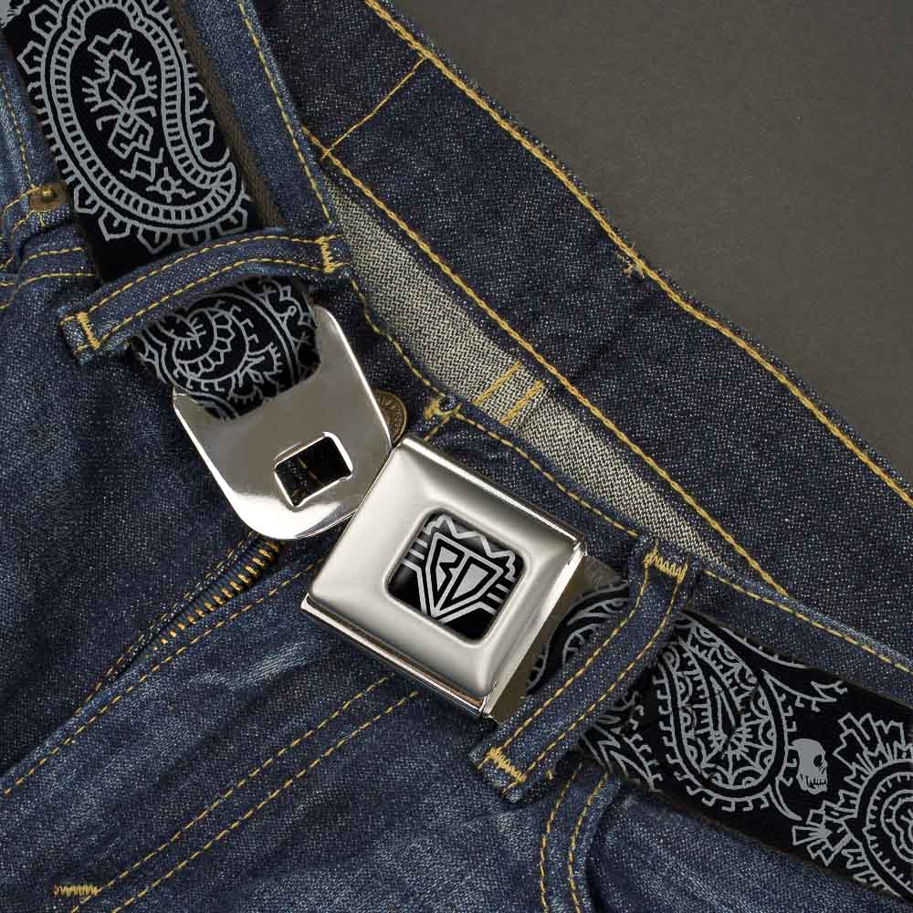 BD Wings Logo CLOSE-UP Full Color Black Silver Seatbelt Belt - Bandana/Skulls Black/Silver Webbing Seatbelt Belts Buckle-Down