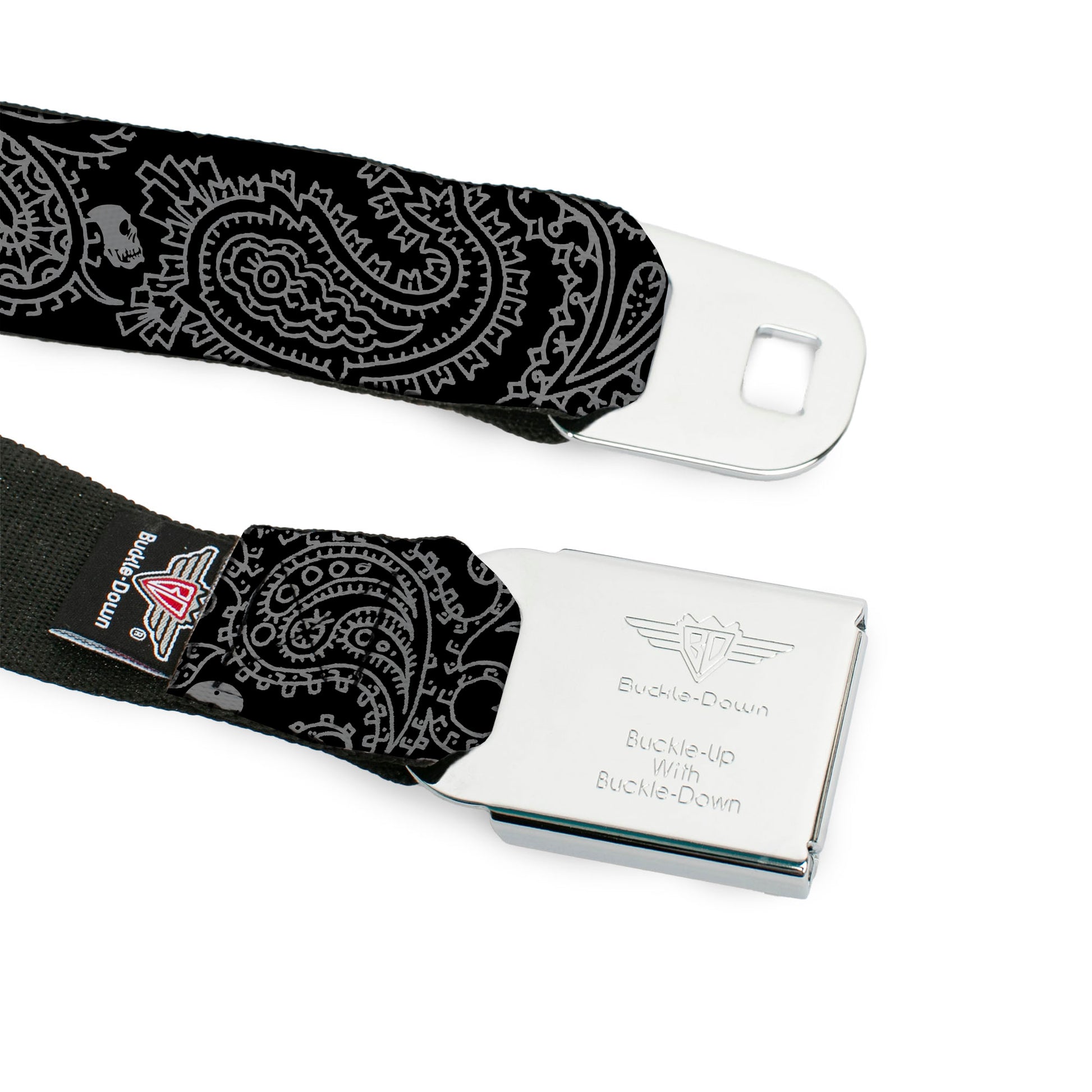 BD Wings Logo CLOSE-UP Full Color Black Silver Seatbelt Belt - Bandana/Skulls Black/Silver Webbing Seatbelt Belts Buckle-Down