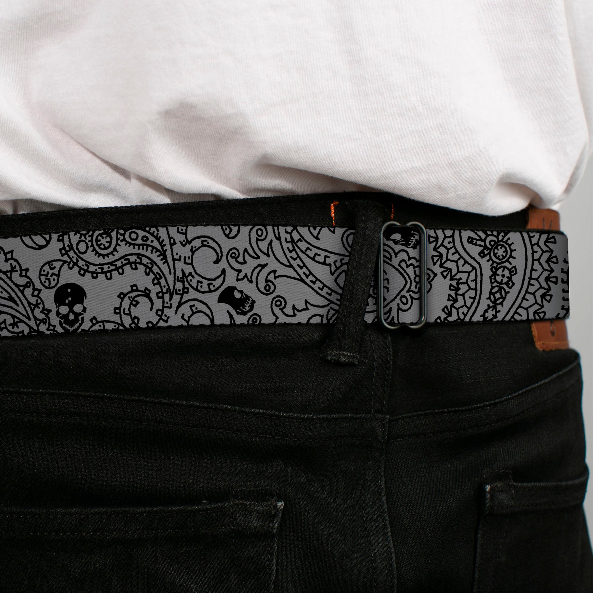 BD Wings Logo CLOSE-UP Full Color Black Silver Seatbelt Belt - Bandana/Skulls Silver/Black Webbing Seatbelt Belts Buckle-Down