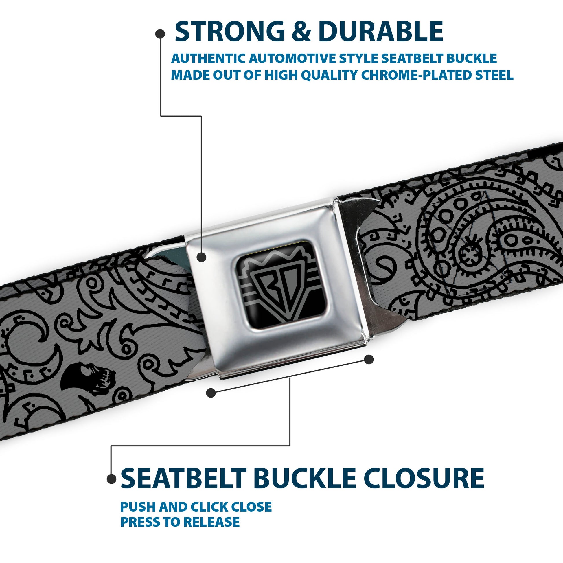BD Wings Logo CLOSE-UP Full Color Black Silver Seatbelt Belt - Bandana/Skulls Silver/Black Webbing Seatbelt Belts Buckle-Down