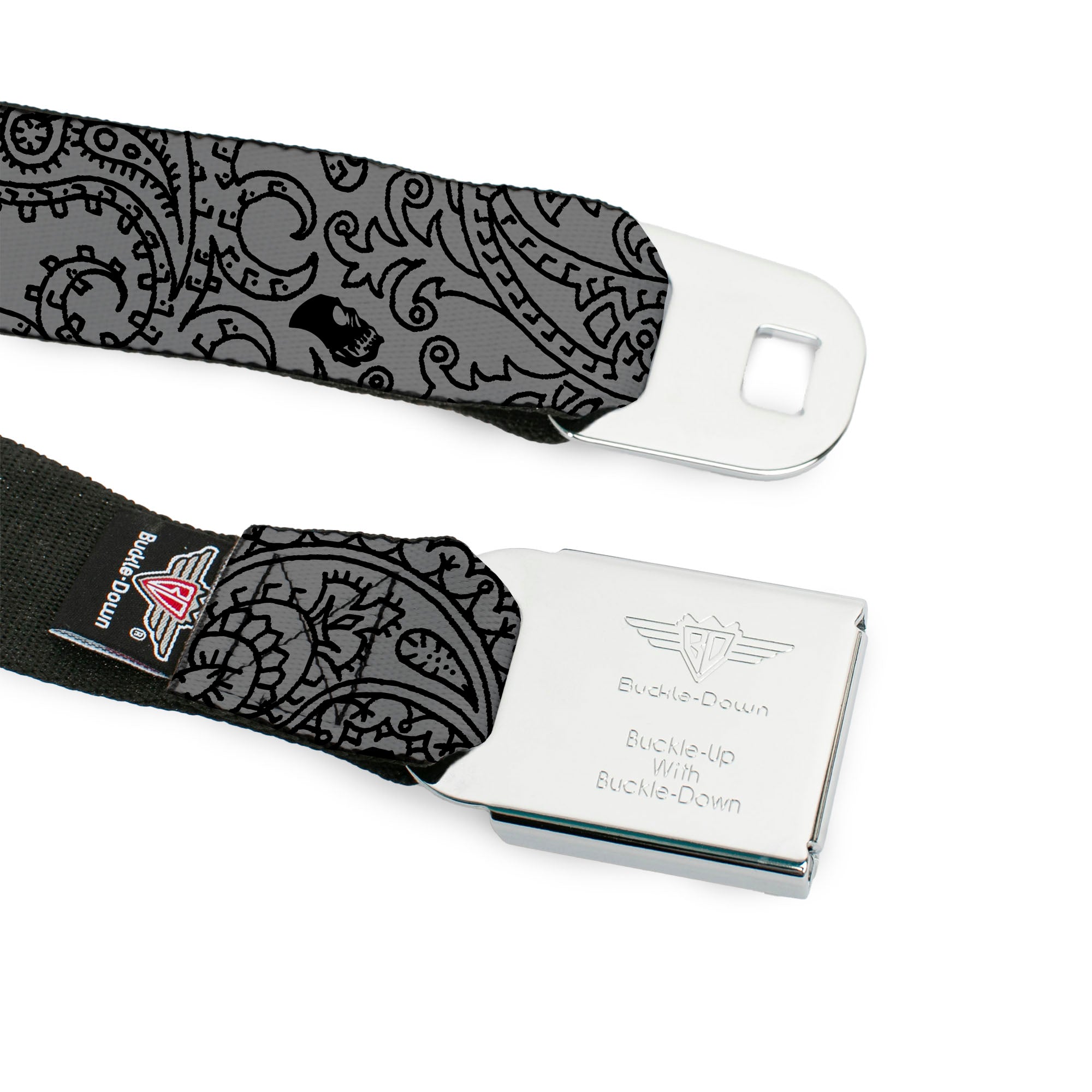 BD Wings Logo CLOSE-UP Full Color Black Silver Seatbelt Belt - Bandana/Skulls Silver/Black Webbing Seatbelt Belts Buckle-Down