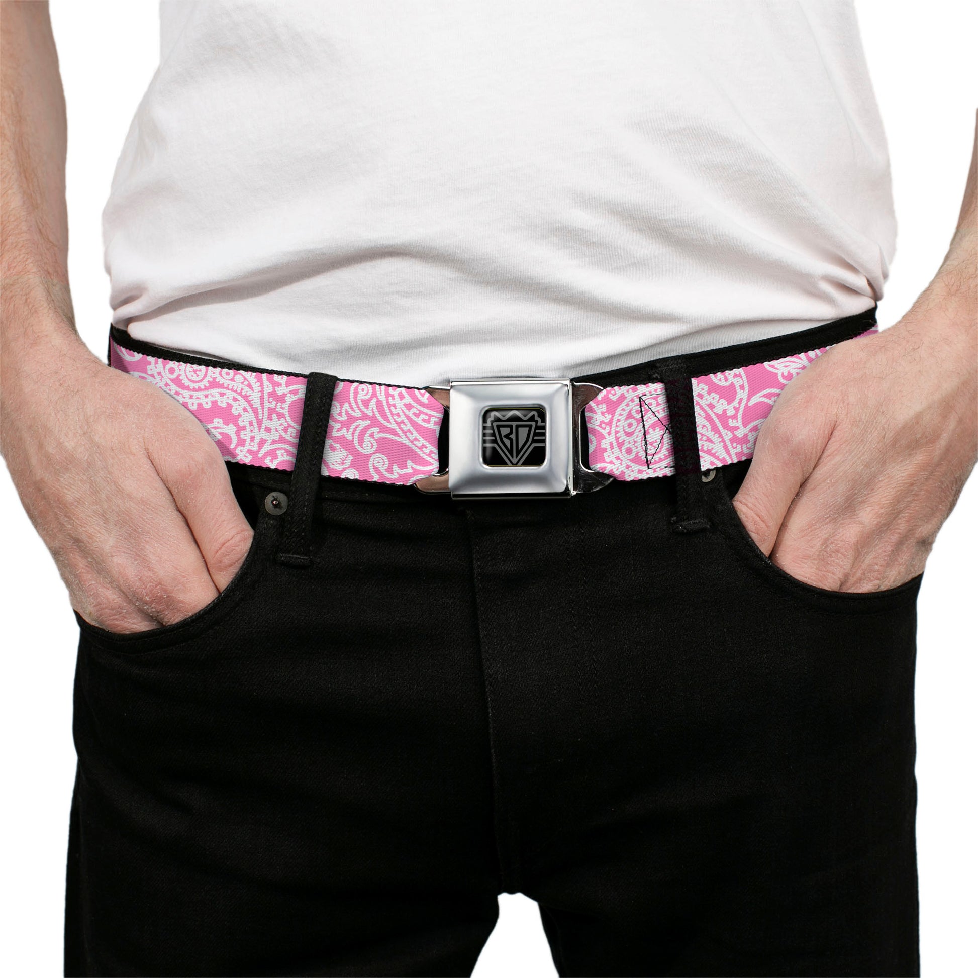 BD Wings Logo CLOSE-UP Full Color Black Silver Seatbelt Belt - Bandana/Skulls Pink/White Webbing Seatbelt Belts Buckle-Down