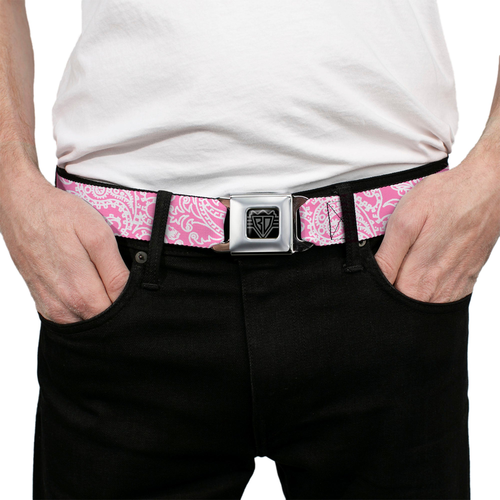 BD Wings Logo CLOSE-UP Full Color Black Silver Seatbelt Belt - Bandana/Skulls Pink/White Webbing Seatbelt Belts Buckle-Down