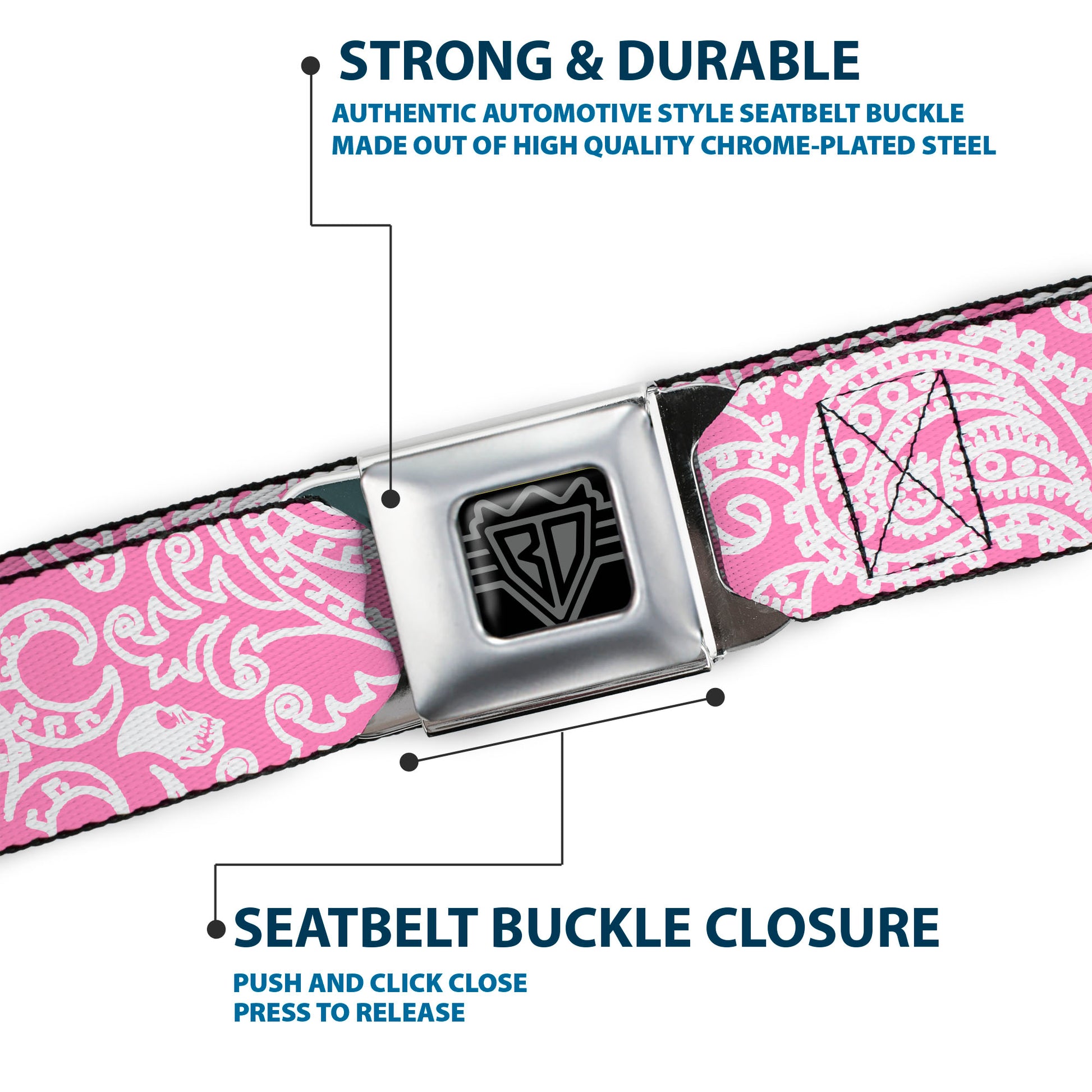 BD Wings Logo CLOSE-UP Full Color Black Silver Seatbelt Belt - Bandana/Skulls Pink/White Webbing Seatbelt Belts Buckle-Down