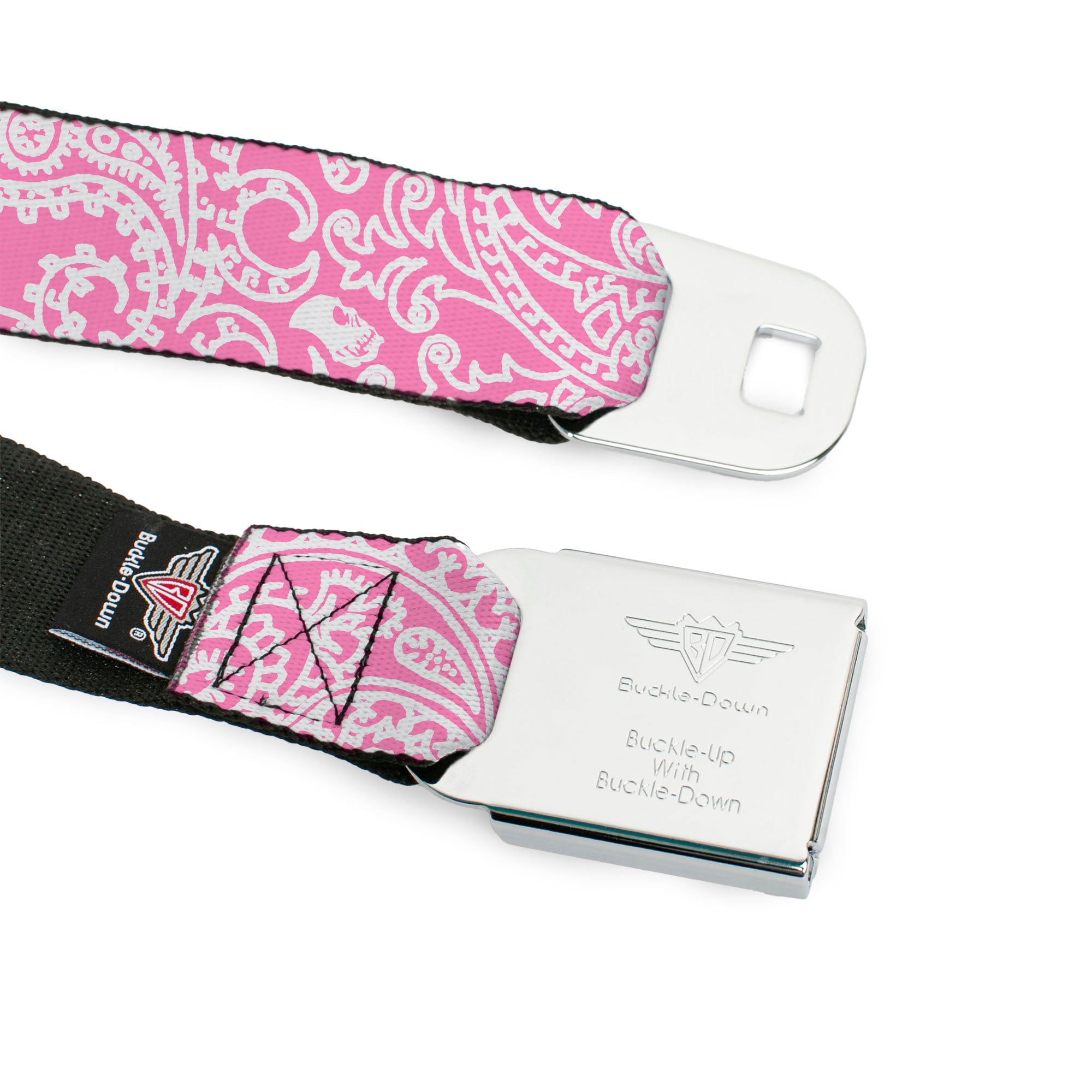 BD Wings Logo CLOSE-UP Full Color Black Silver Seatbelt Belt - Bandana/Skulls Pink/White Webbing Seatbelt Belts Buckle-Down