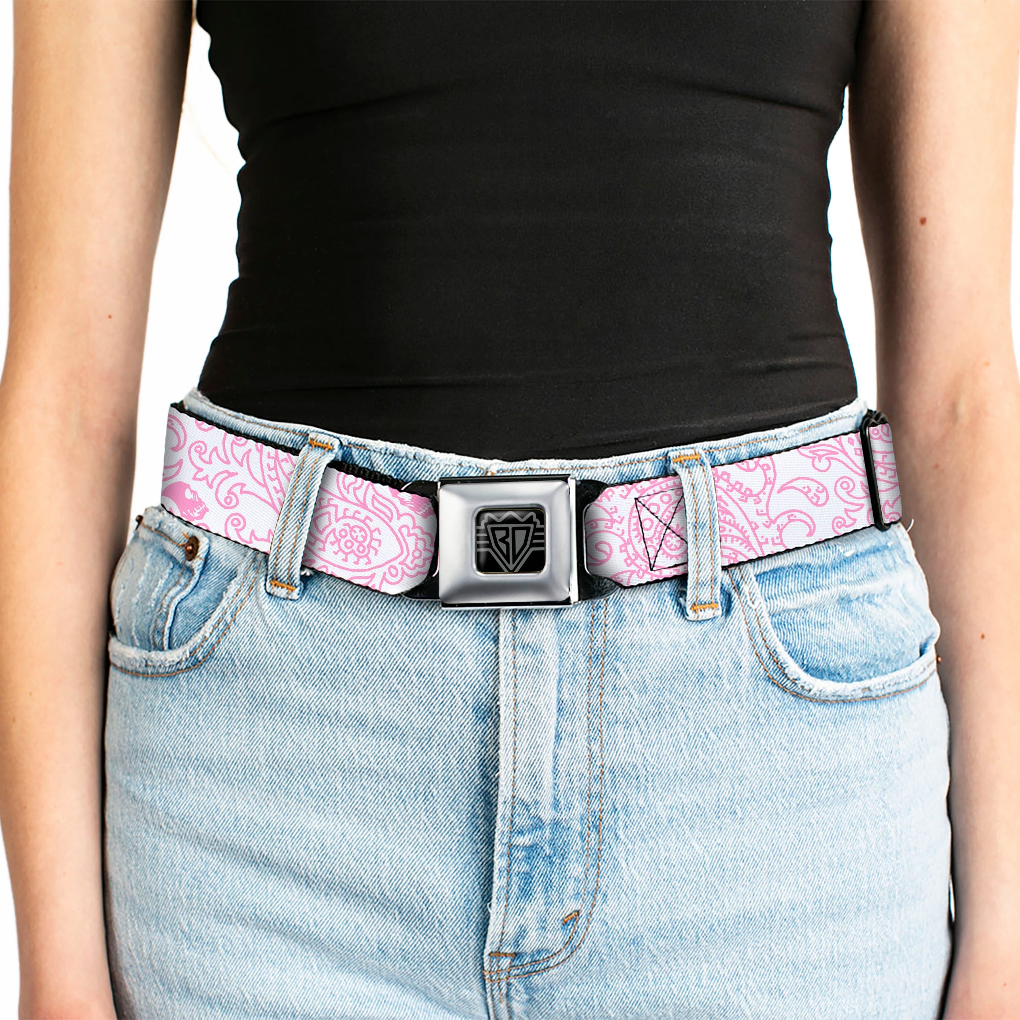 BD Wings Logo CLOSE-UP Full Color Black Silver Seatbelt Belt - Bandana/Skulls White/Pink Webbing Seatbelt Belts Buckle-Down