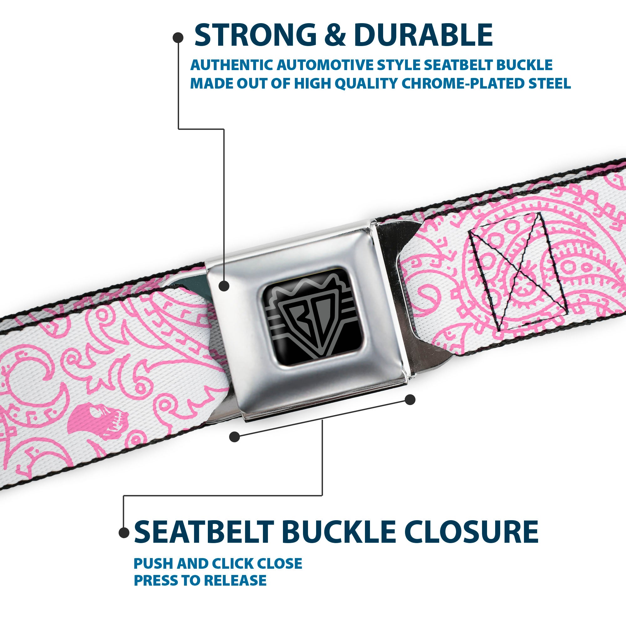 BD Wings Logo CLOSE-UP Full Color Black Silver Seatbelt Belt - Bandana/Skulls White/Pink Webbing Seatbelt Belts Buckle-Down