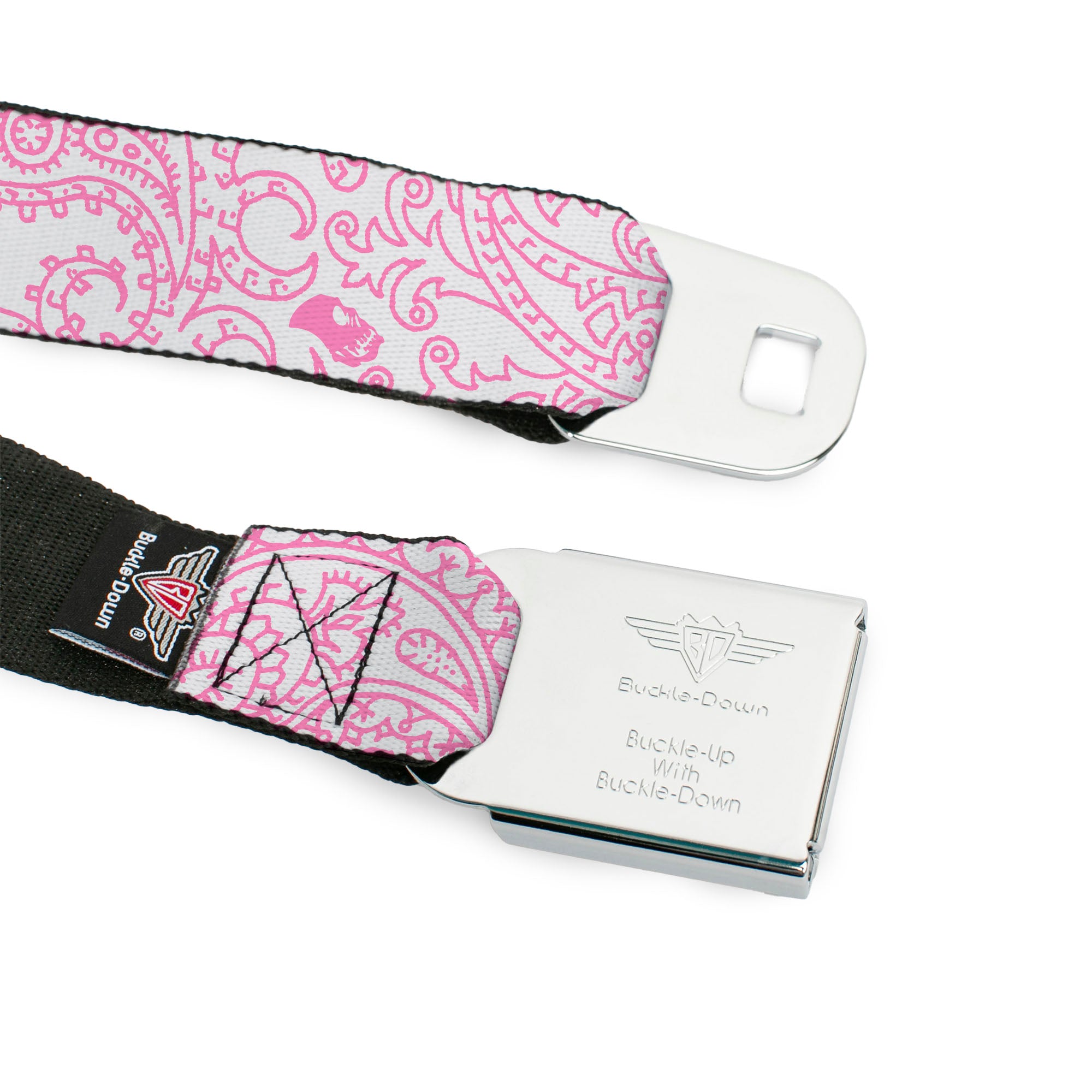 BD Wings Logo CLOSE-UP Full Color Black Silver Seatbelt Belt - Bandana/Skulls White/Pink Webbing Seatbelt Belts Buckle-Down