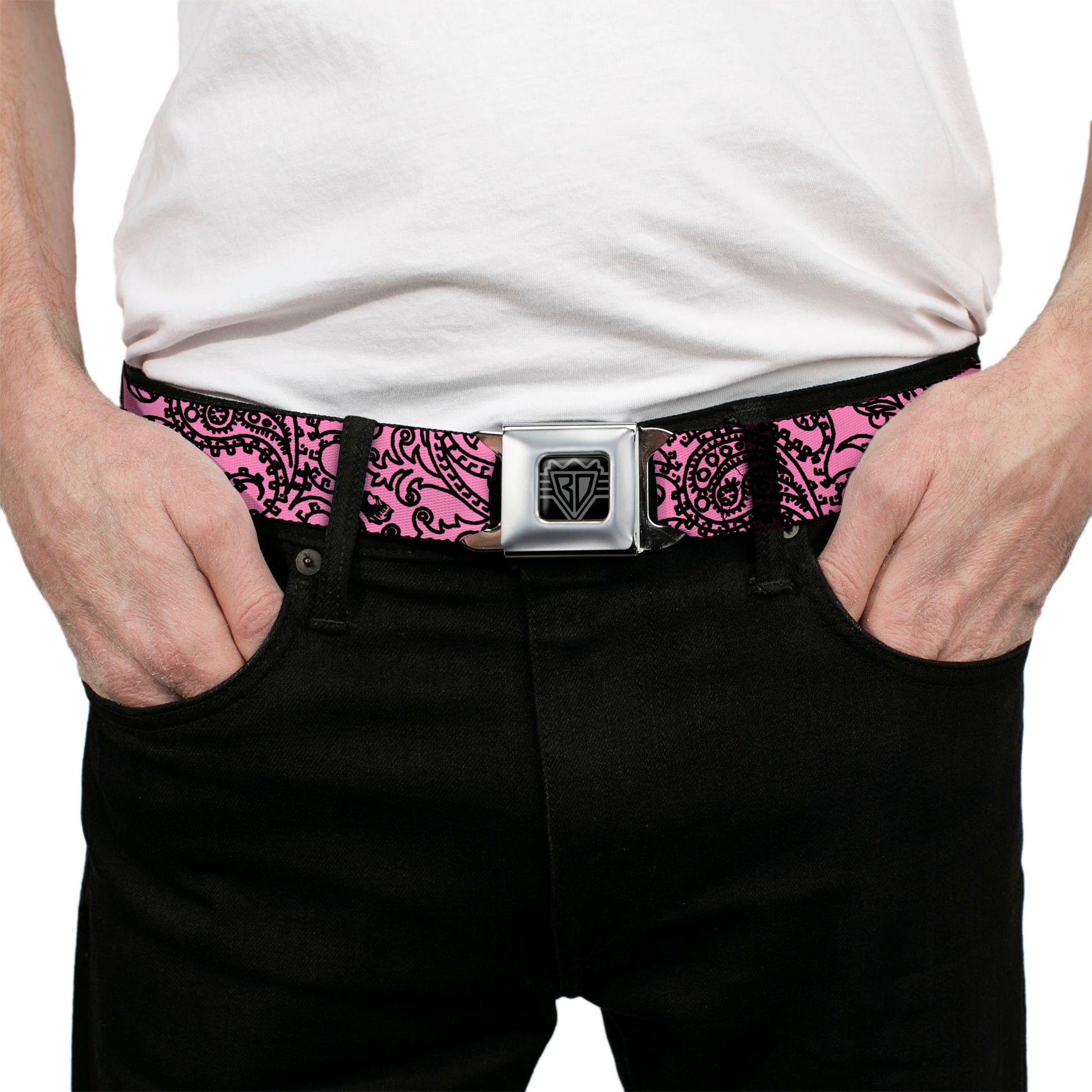 BD Wings Logo CLOSE-UP Full Color Black Silver Seatbelt Belt - Bandana/Skulls Pink/Black Webbing Seatbelt Belts Buckle-Down