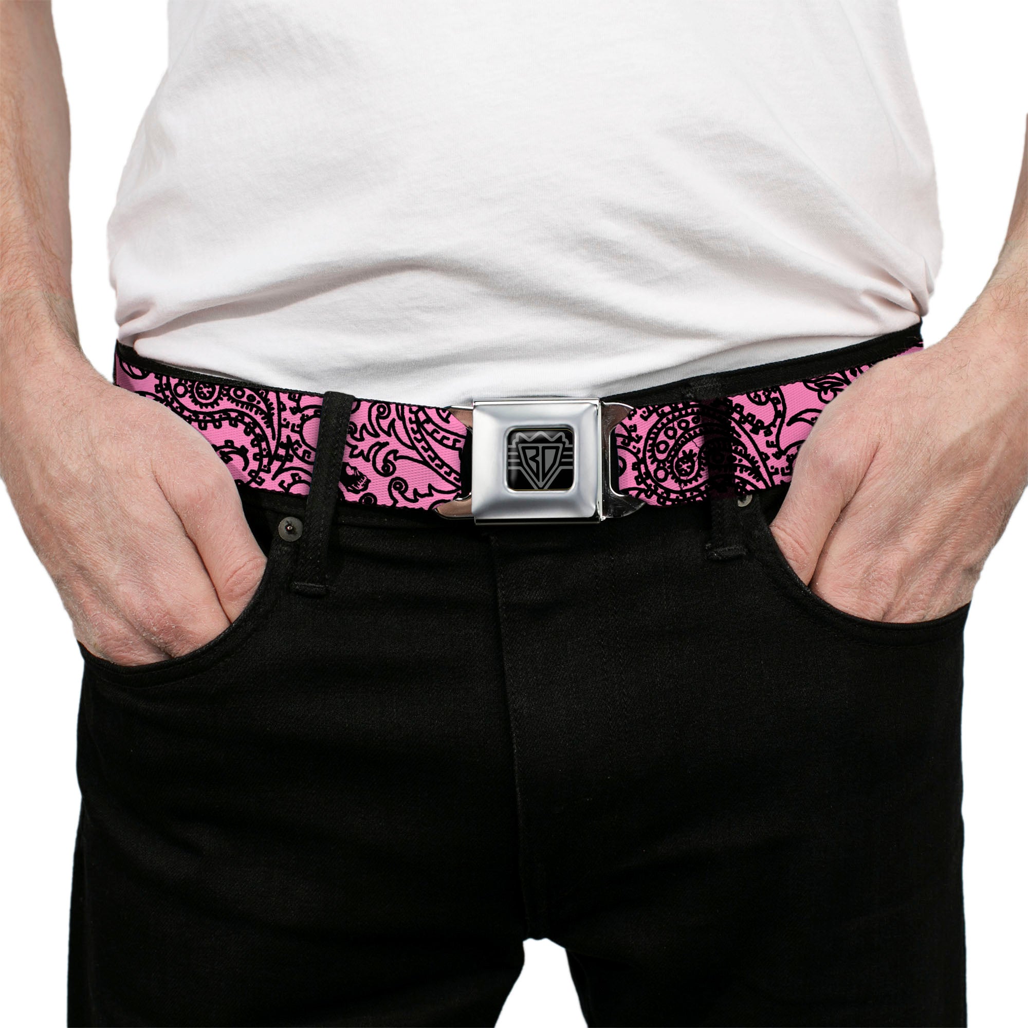 BD Wings Logo CLOSE-UP Full Color Black Silver Seatbelt Belt - Bandana/Skulls Pink/Black Webbing Seatbelt Belts Buckle-Down