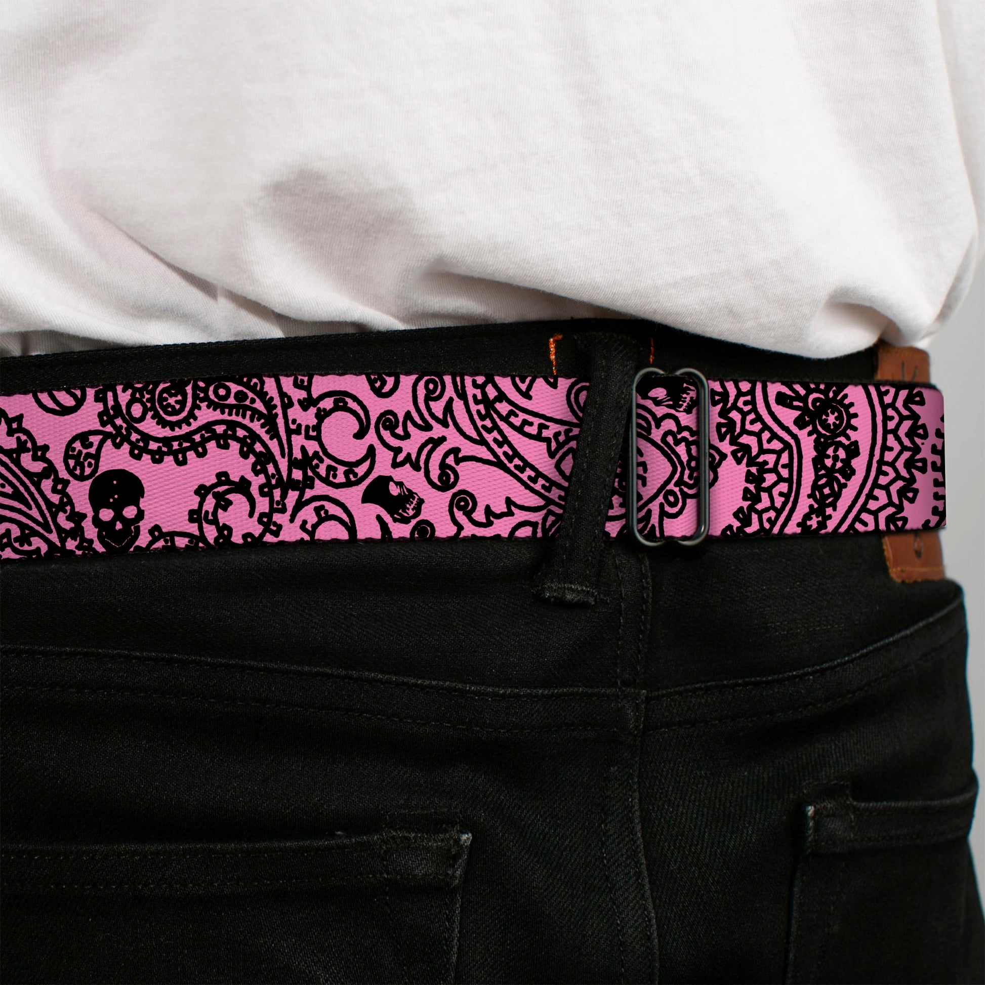 BD Wings Logo CLOSE-UP Full Color Black Silver Seatbelt Belt - Bandana/Skulls Pink/Black Webbing Seatbelt Belts Buckle-Down