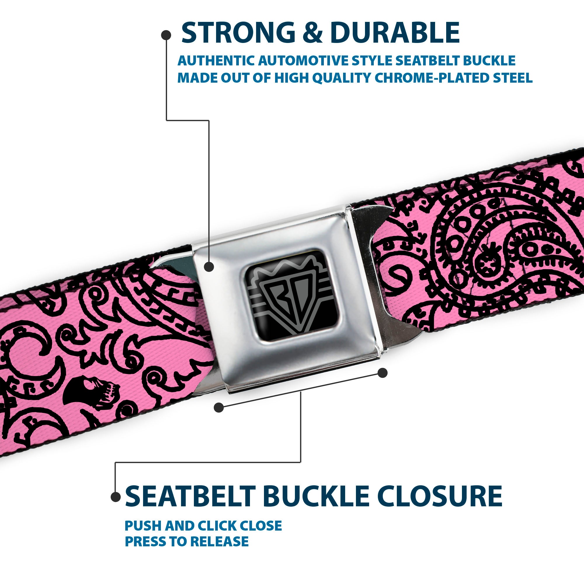 BD Wings Logo CLOSE-UP Full Color Black Silver Seatbelt Belt - Bandana/Skulls Pink/Black Webbing Seatbelt Belts Buckle-Down