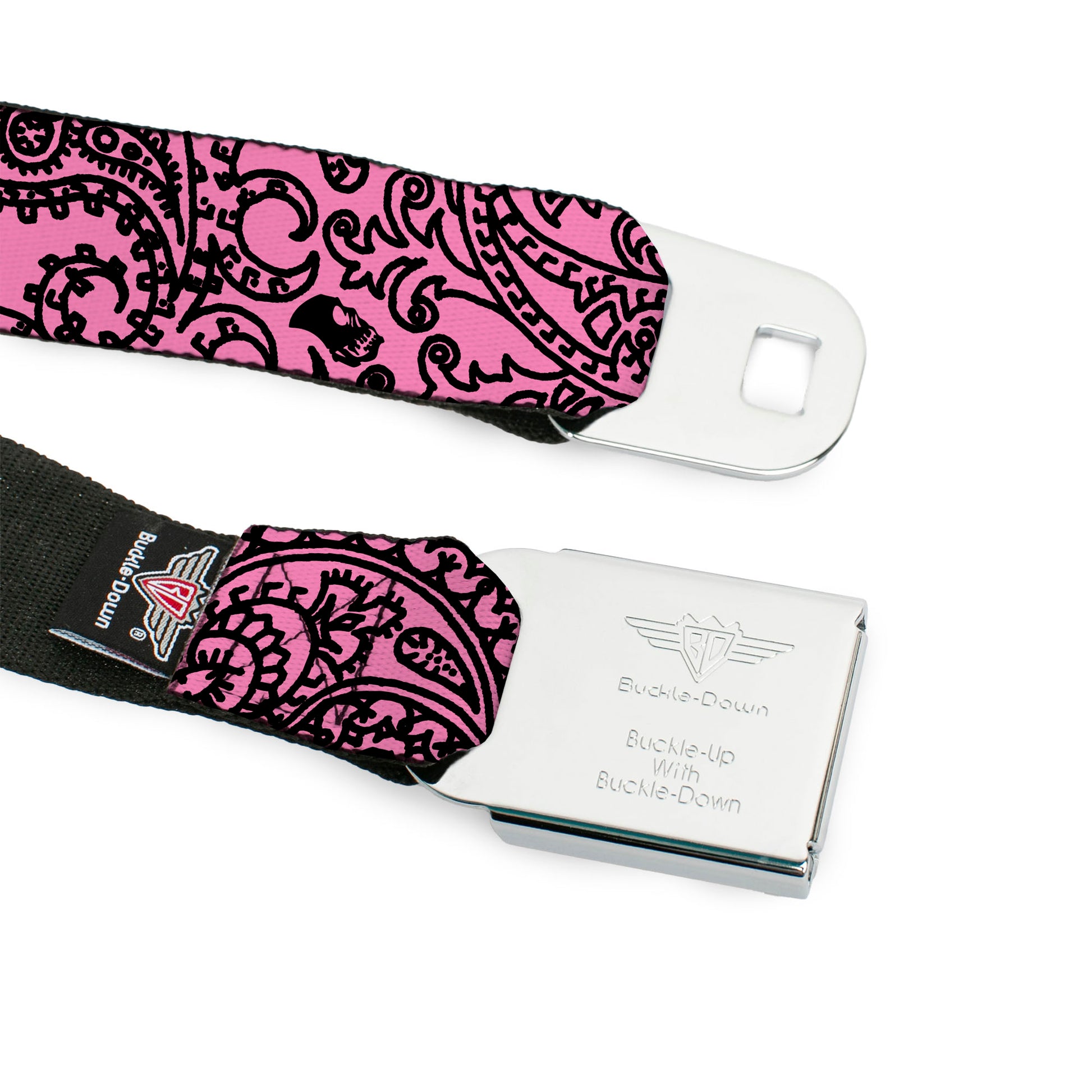 BD Wings Logo CLOSE-UP Full Color Black Silver Seatbelt Belt - Bandana/Skulls Pink/Black Webbing Seatbelt Belts Buckle-Down