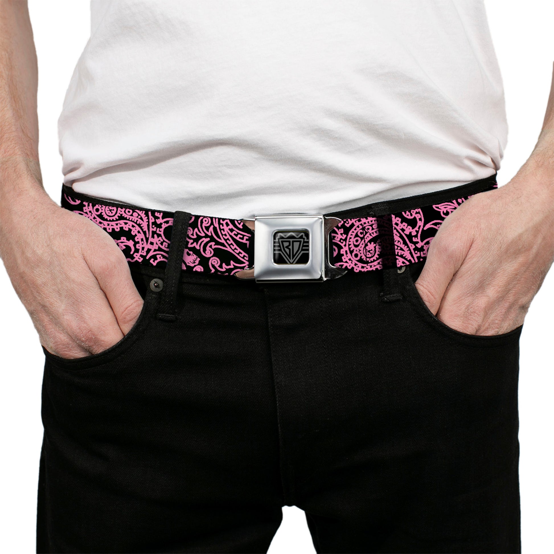BD Wings Logo CLOSE-UP Full Color Black Silver Seatbelt Belt - Bandana/Skulls Black/Pink Webbing Seatbelt Belts Buckle-Down