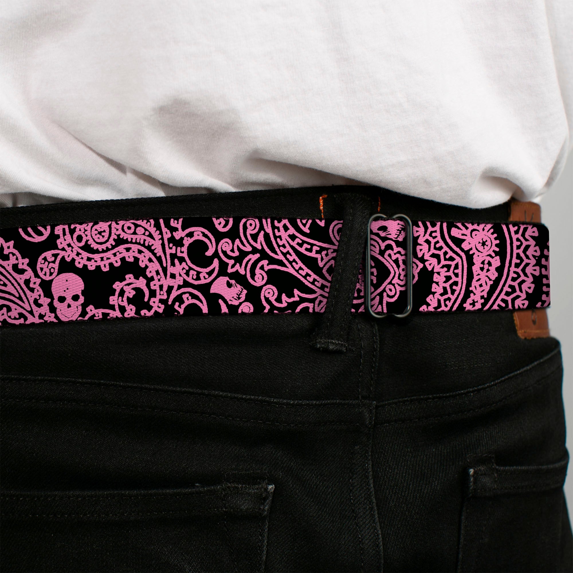 BD Wings Logo CLOSE-UP Full Color Black Silver Seatbelt Belt - Bandana/Skulls Black/Pink Webbing Seatbelt Belts Buckle-Down