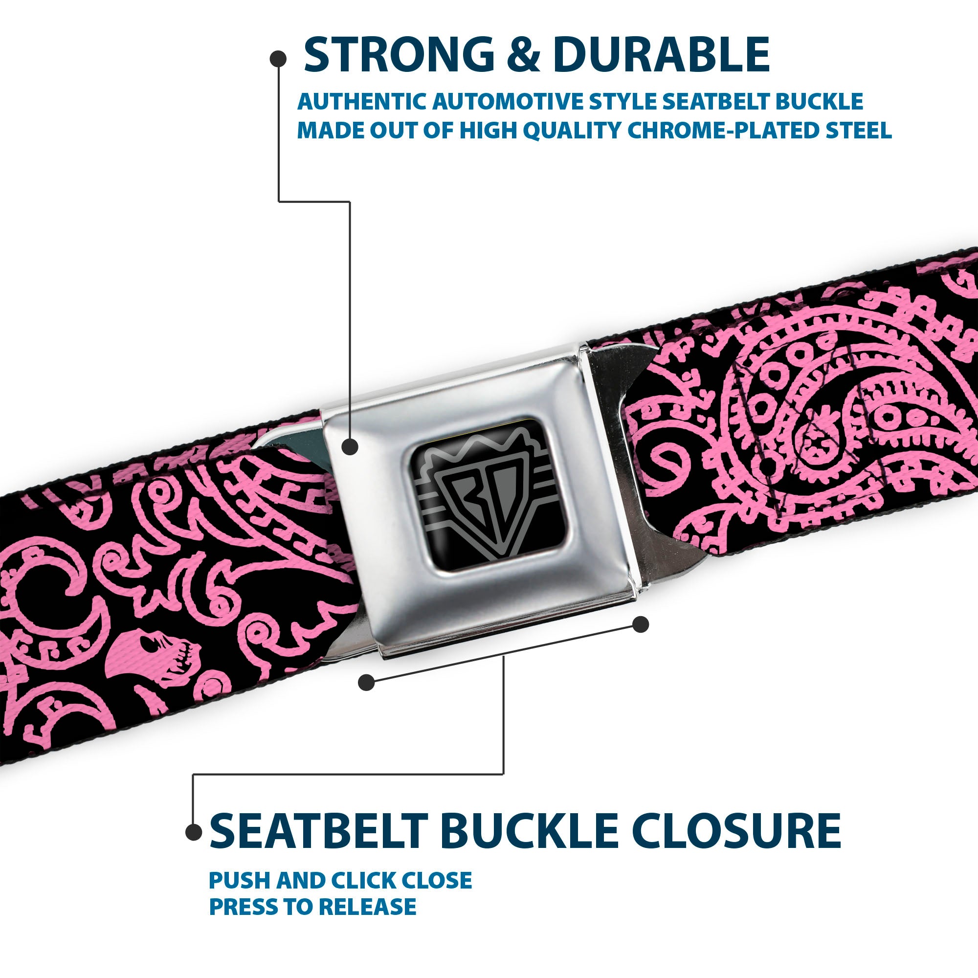 BD Wings Logo CLOSE-UP Full Color Black Silver Seatbelt Belt - Bandana/Skulls Black/Pink Webbing Seatbelt Belts Buckle-Down