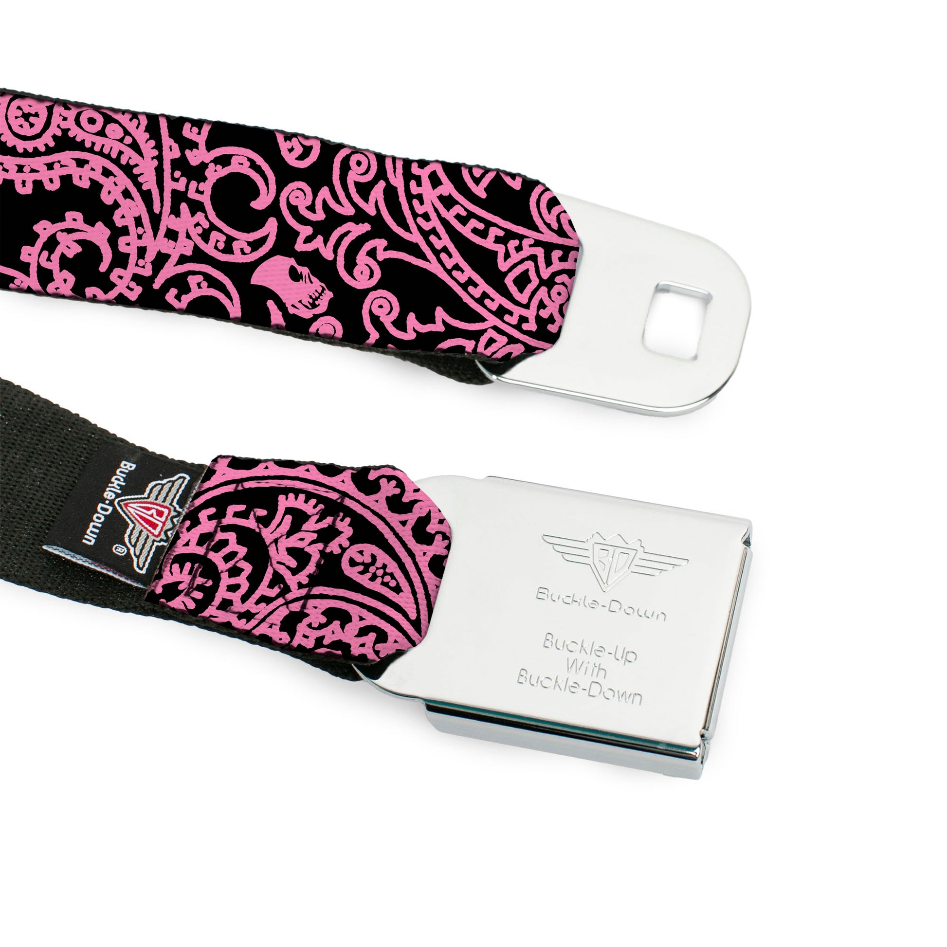 BD Wings Logo CLOSE-UP Full Color Black Silver Seatbelt Belt - Bandana/Skulls Black/Pink Webbing Seatbelt Belts Buckle-Down
