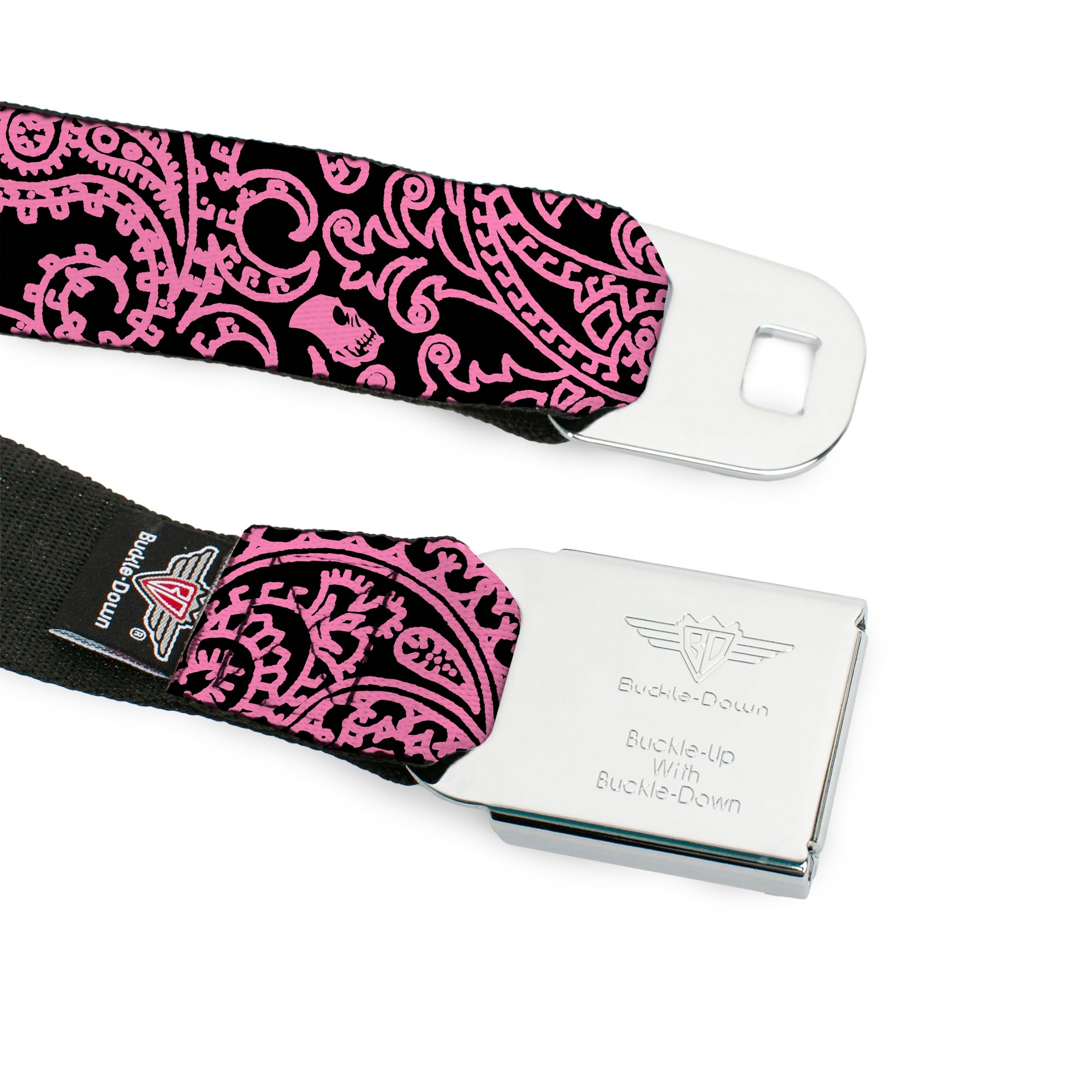 BD Wings Logo CLOSE-UP Full Color Black Silver Seatbelt Belt - Bandana/Skulls Black/Pink Webbing Seatbelt Belts Buckle-Down