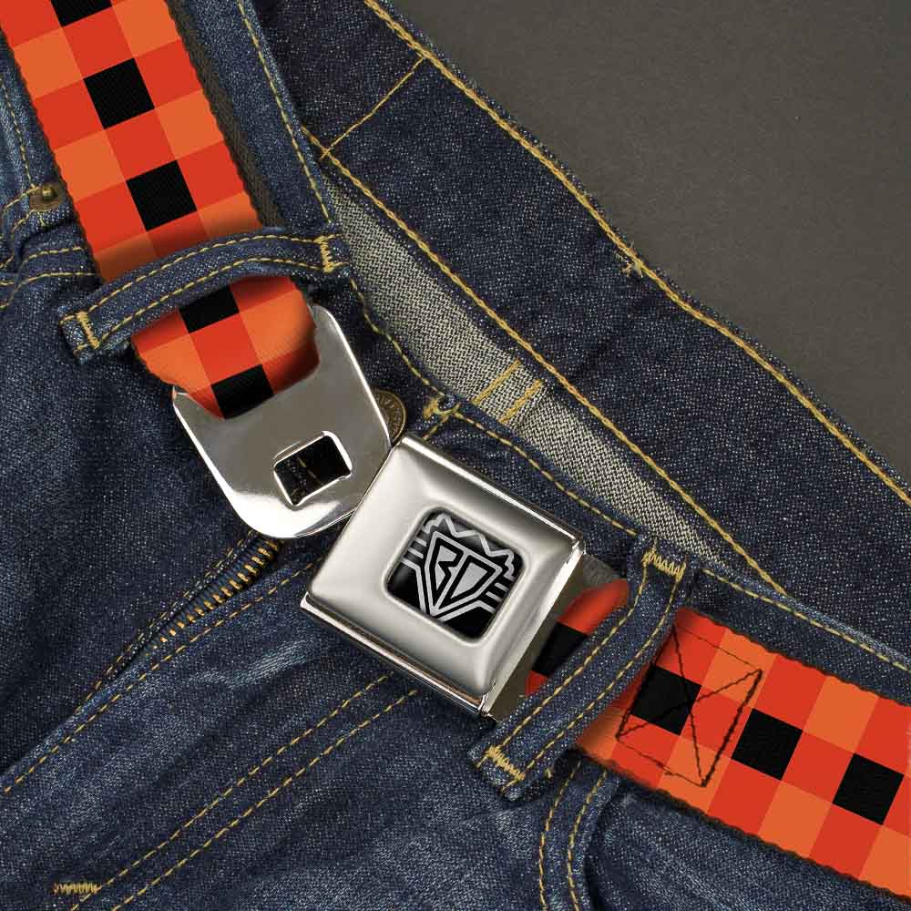 BD Wings Logo CLOSE-UP Full Color Black Silver Seatbelt Belt - Buffalo Plaid Black/Orange Webbing Seatbelt Belts Buckle-Down