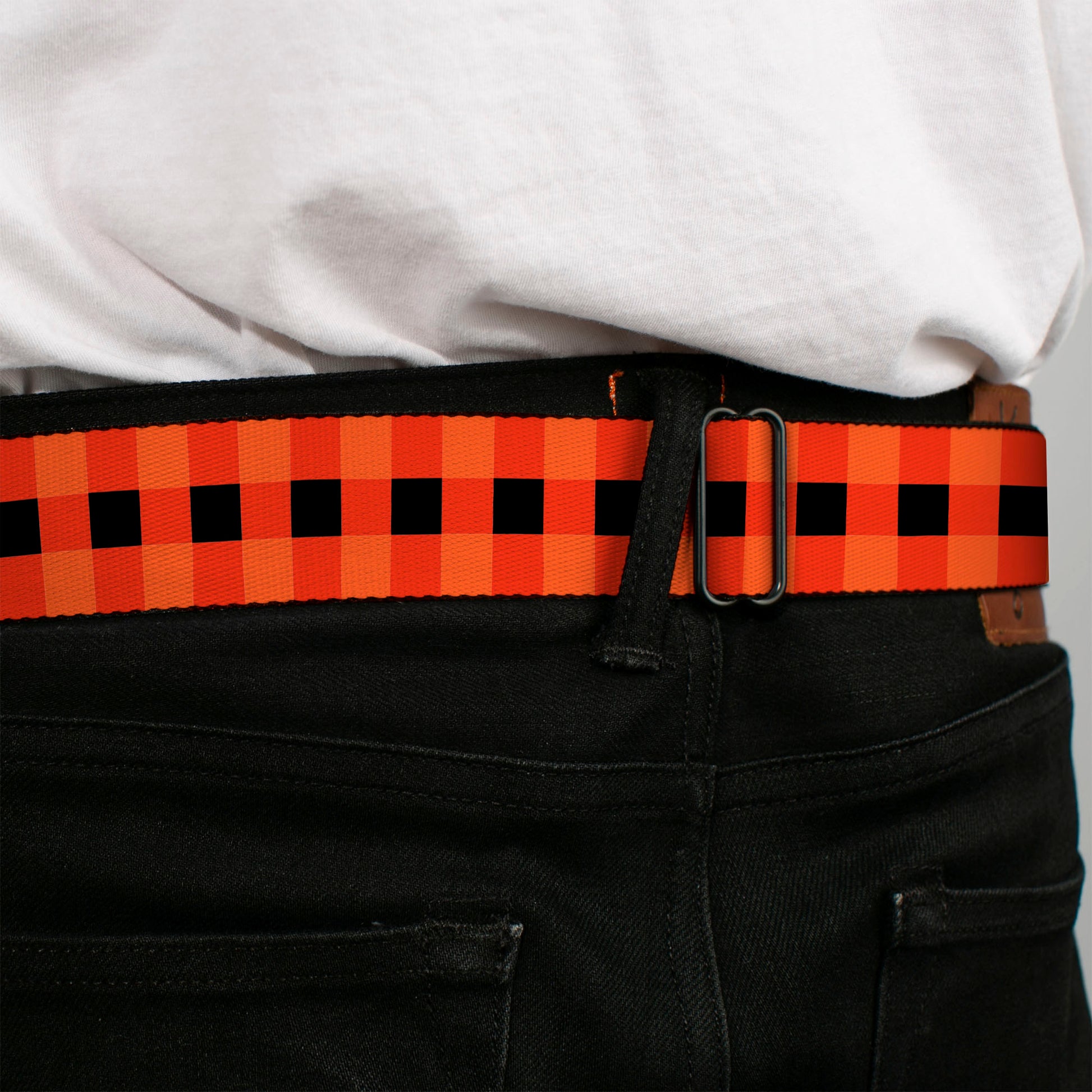 BD Wings Logo CLOSE-UP Full Color Black Silver Seatbelt Belt - Buffalo Plaid Black/Orange Webbing Seatbelt Belts Buckle-Down