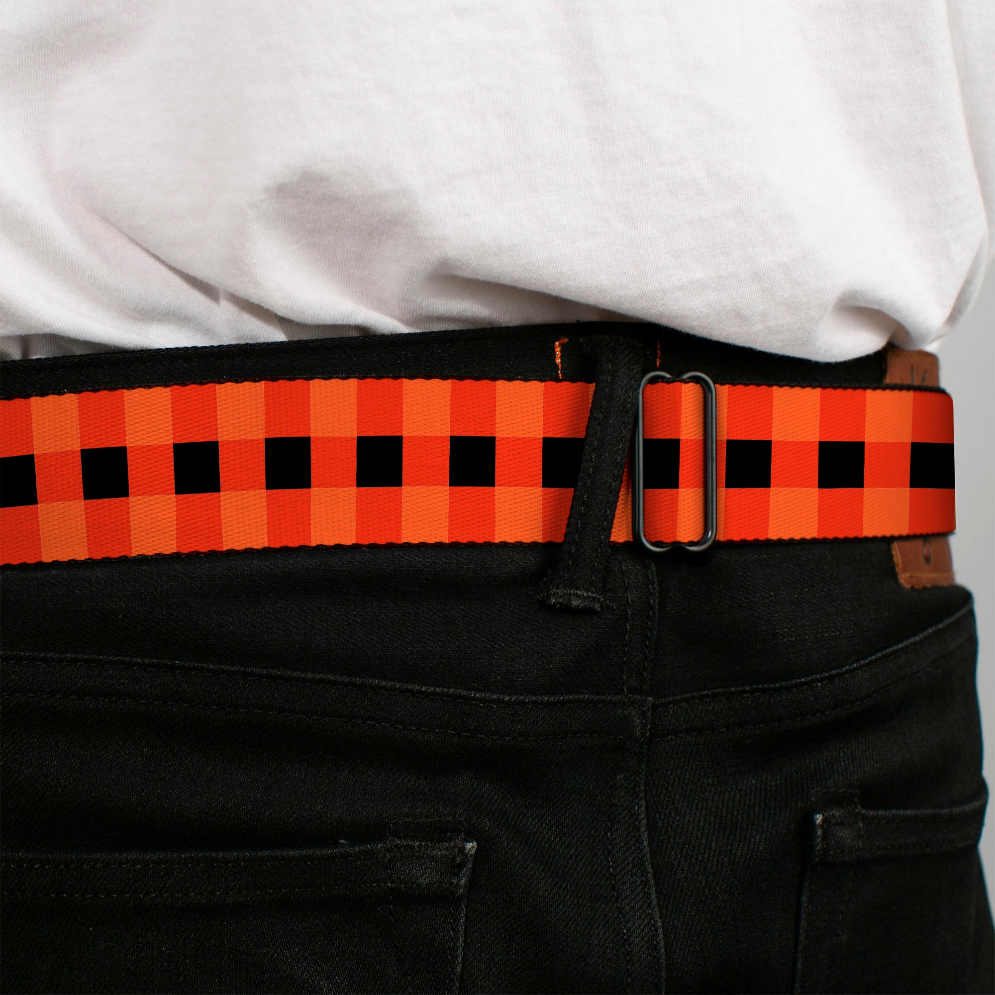 BD Wings Logo CLOSE-UP Full Color Black Silver Seatbelt Belt - Buffalo Plaid Black/Orange Webbing Seatbelt Belts Buckle-Down