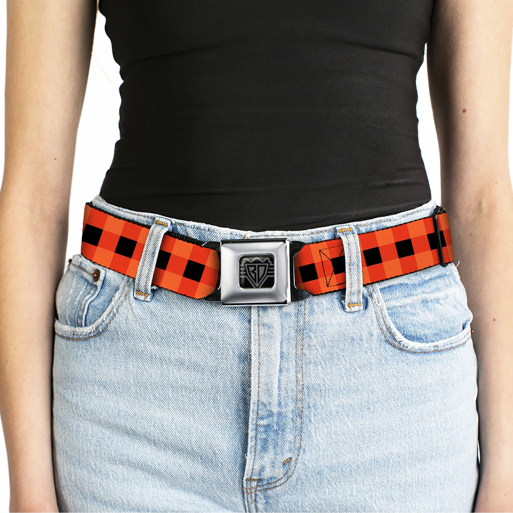 BD Wings Logo CLOSE-UP Full Color Black Silver Seatbelt Belt - Buffalo Plaid Black/Orange Webbing Seatbelt Belts Buckle-Down