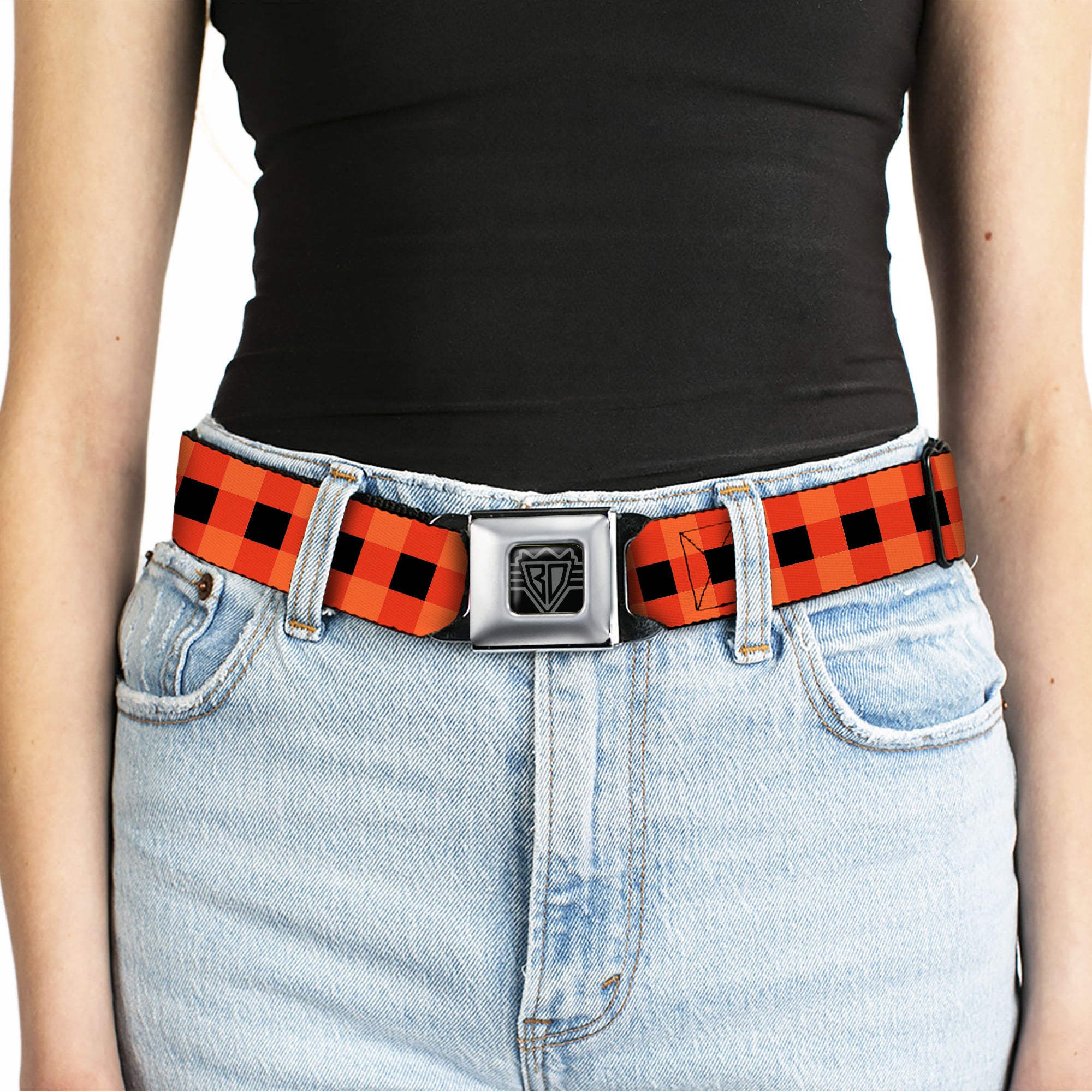 BD Wings Logo CLOSE-UP Full Color Black Silver Seatbelt Belt - Buffalo Plaid Black/Orange Webbing Seatbelt Belts Buckle-Down