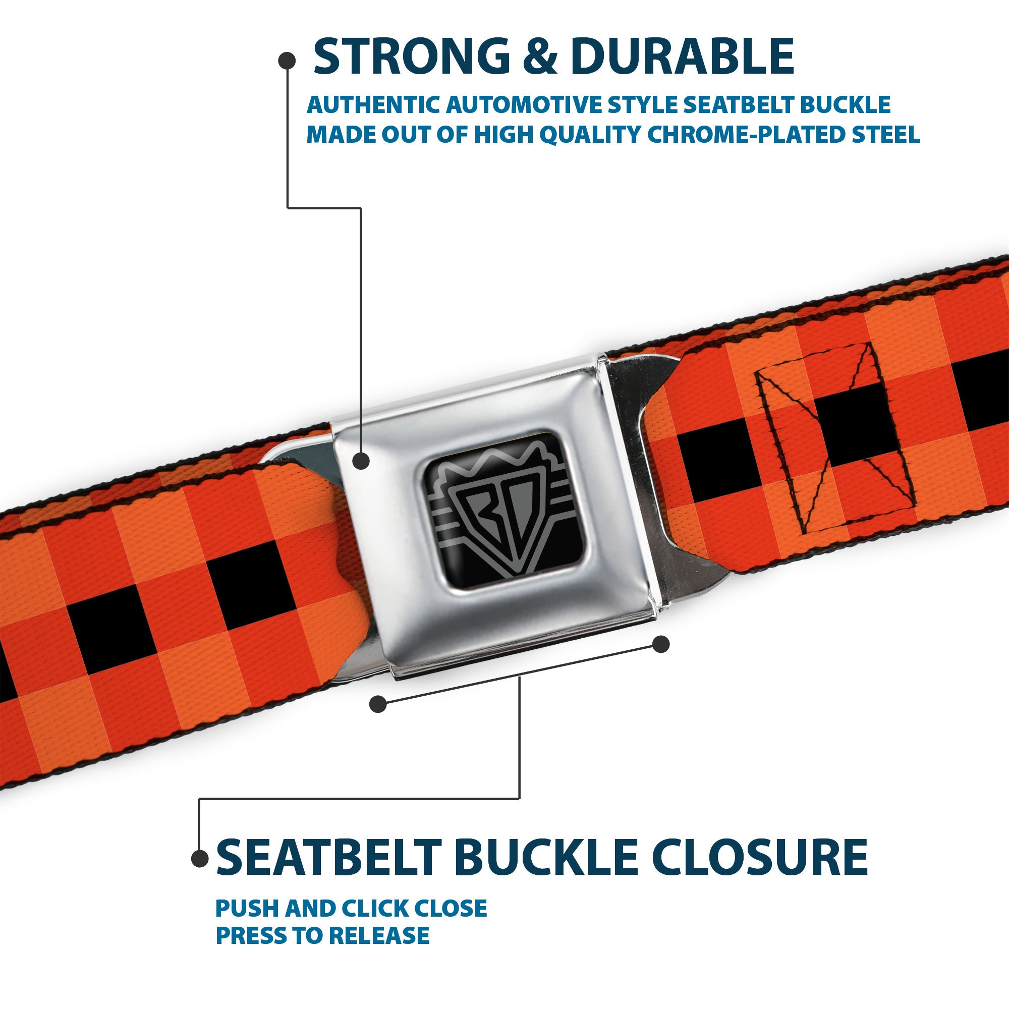 BD Wings Logo CLOSE-UP Full Color Black Silver Seatbelt Belt - Buffalo Plaid Black/Orange Webbing Seatbelt Belts Buckle-Down