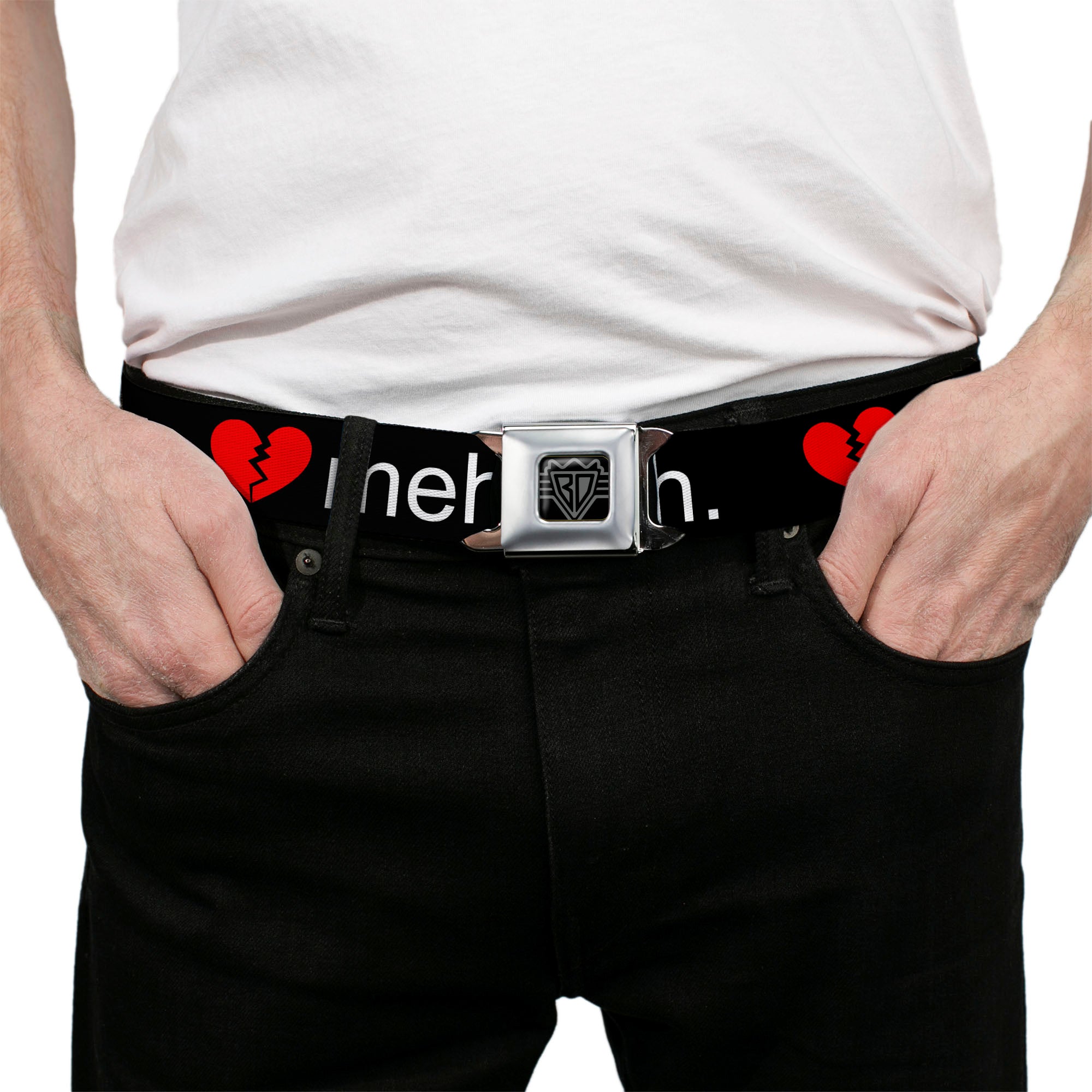 BD Wings Logo CLOSE-UP Full Color Black Silver Seatbelt Belt - Broken Heart MEH Black/Red/White Webbing Seatbelt Belts Buckle-Down