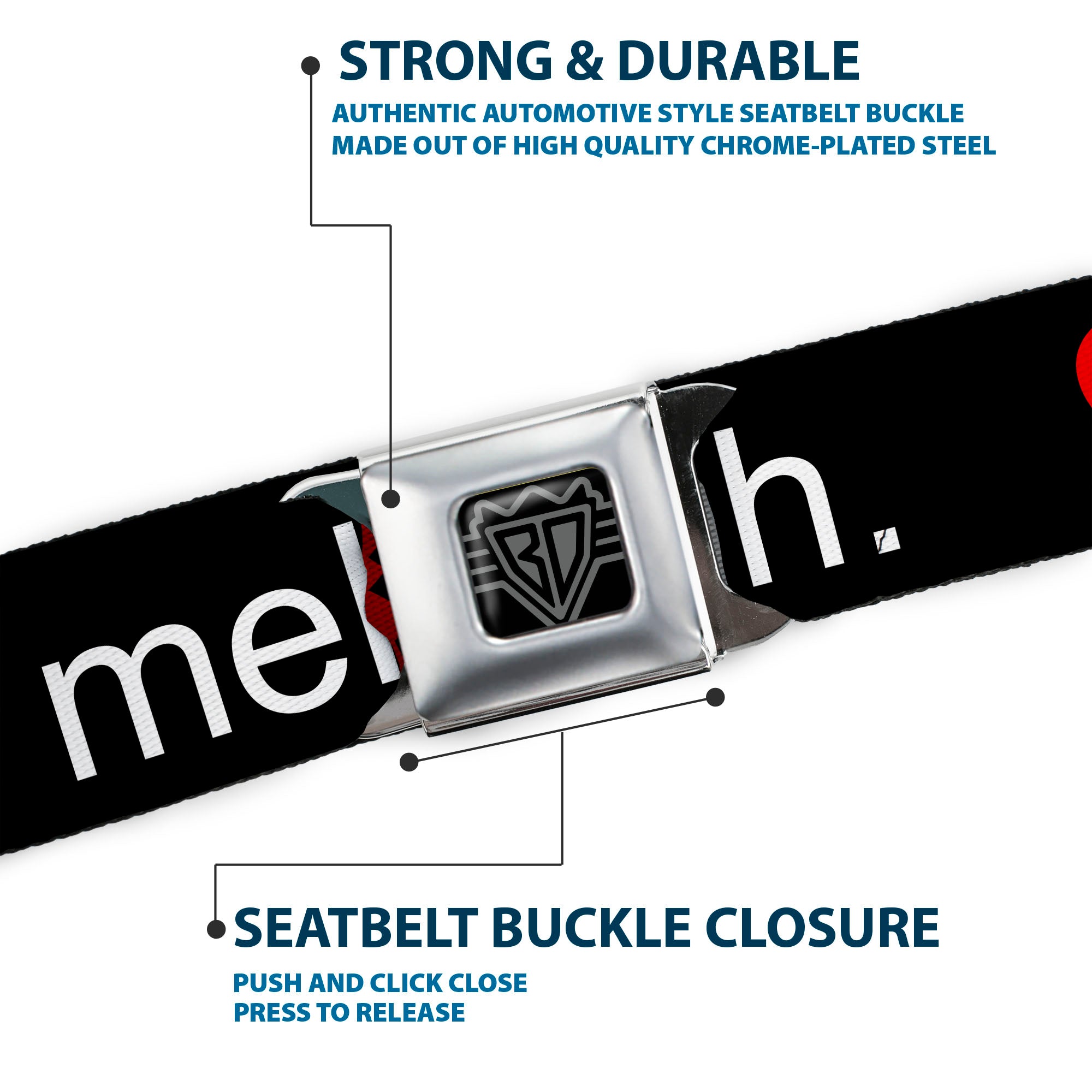 BD Wings Logo CLOSE-UP Full Color Black Silver Seatbelt Belt - Broken Heart MEH Black/Red/White Webbing Seatbelt Belts Buckle-Down