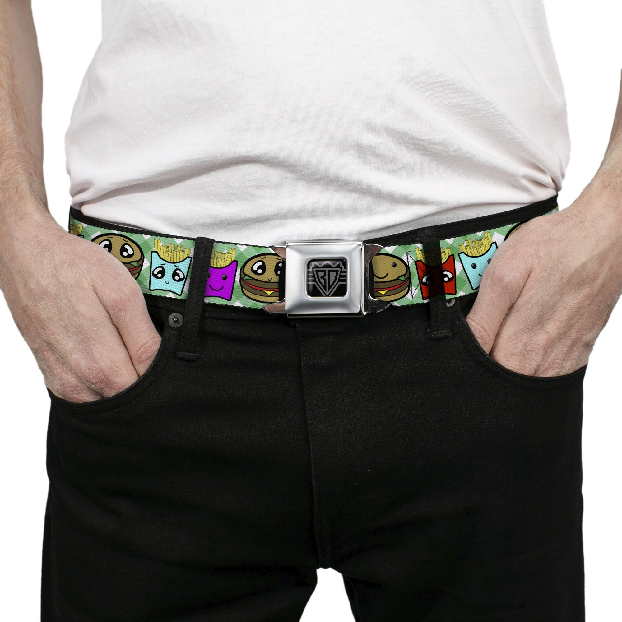 BD Wings Logo CLOSE-UP Full Color Black Silver Seatbelt Belt - Burger & Fries Cartoon Straight Green Tablecloth Webbing Seatbelt Belts Buckle-Down